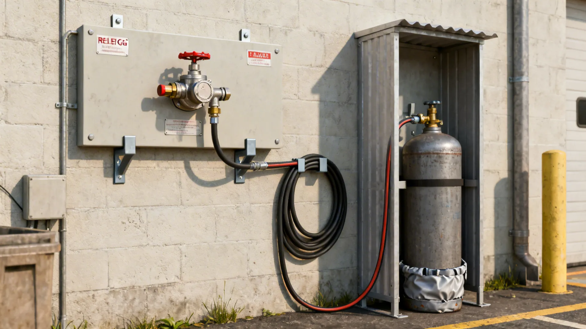 Service yard with a wall-mounted quick-release LPG manifold and clearly accessible shutoff valve.