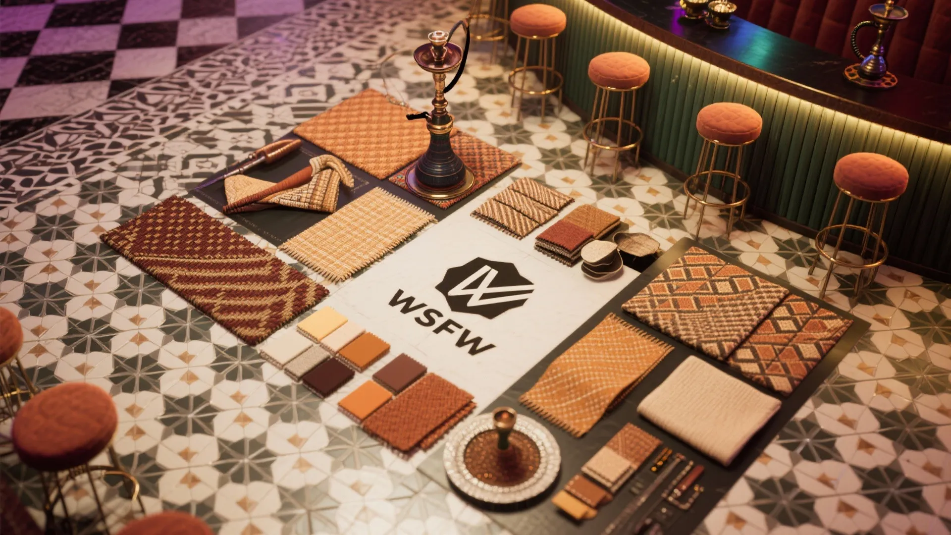 Material board with fabric samples and color tiles on a patterned floor in a bar