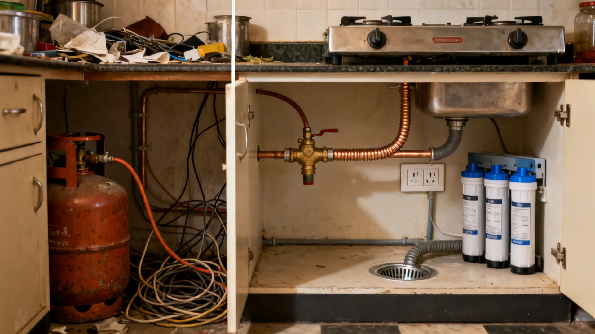 Before and after of under-sink cabinet showing unsafe versus well-planned LPG, RO, and electrical layout.