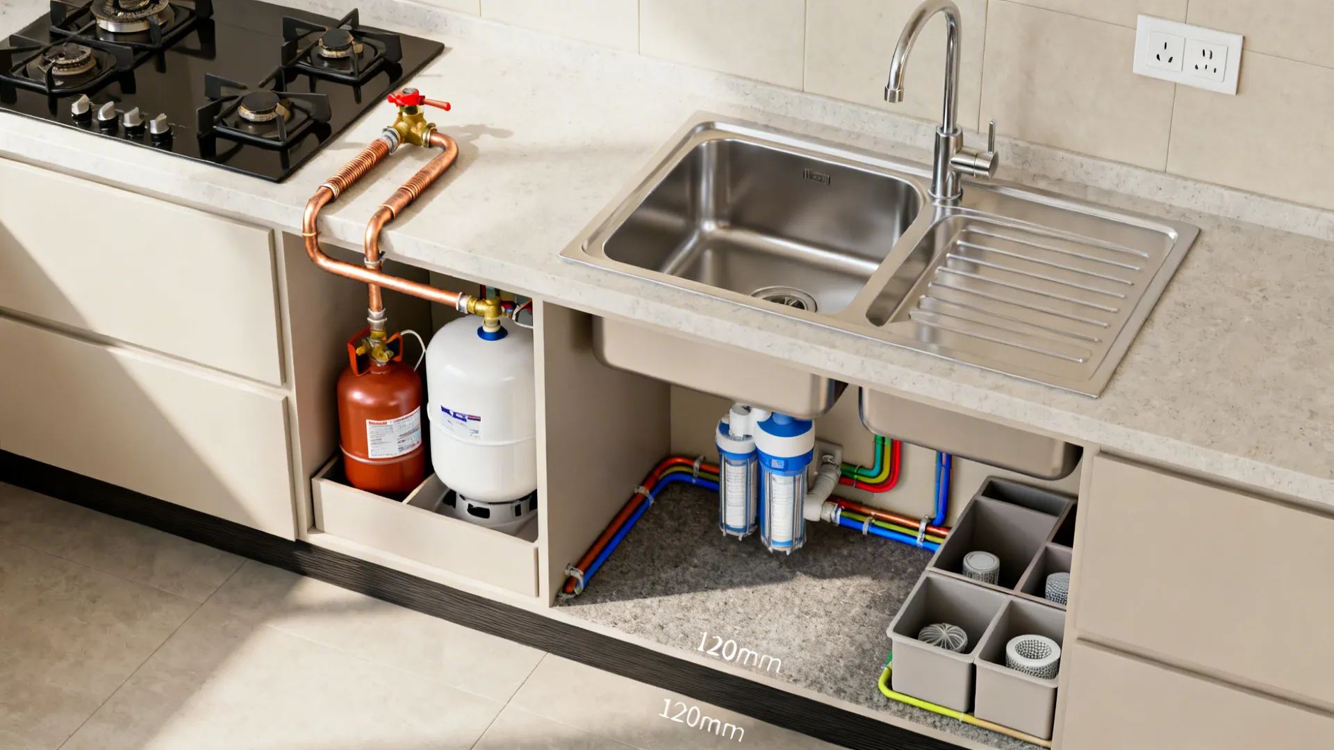 Top-down and sectional view showing LPG line with shut-off, RO unit with air gap, and GFCI outlets.