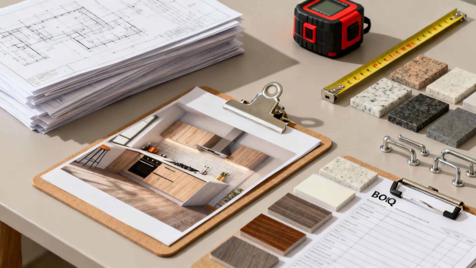Flatlay of drawings, 3D render sheets, BOQ clipboard, and finish samples for kitchen design services.