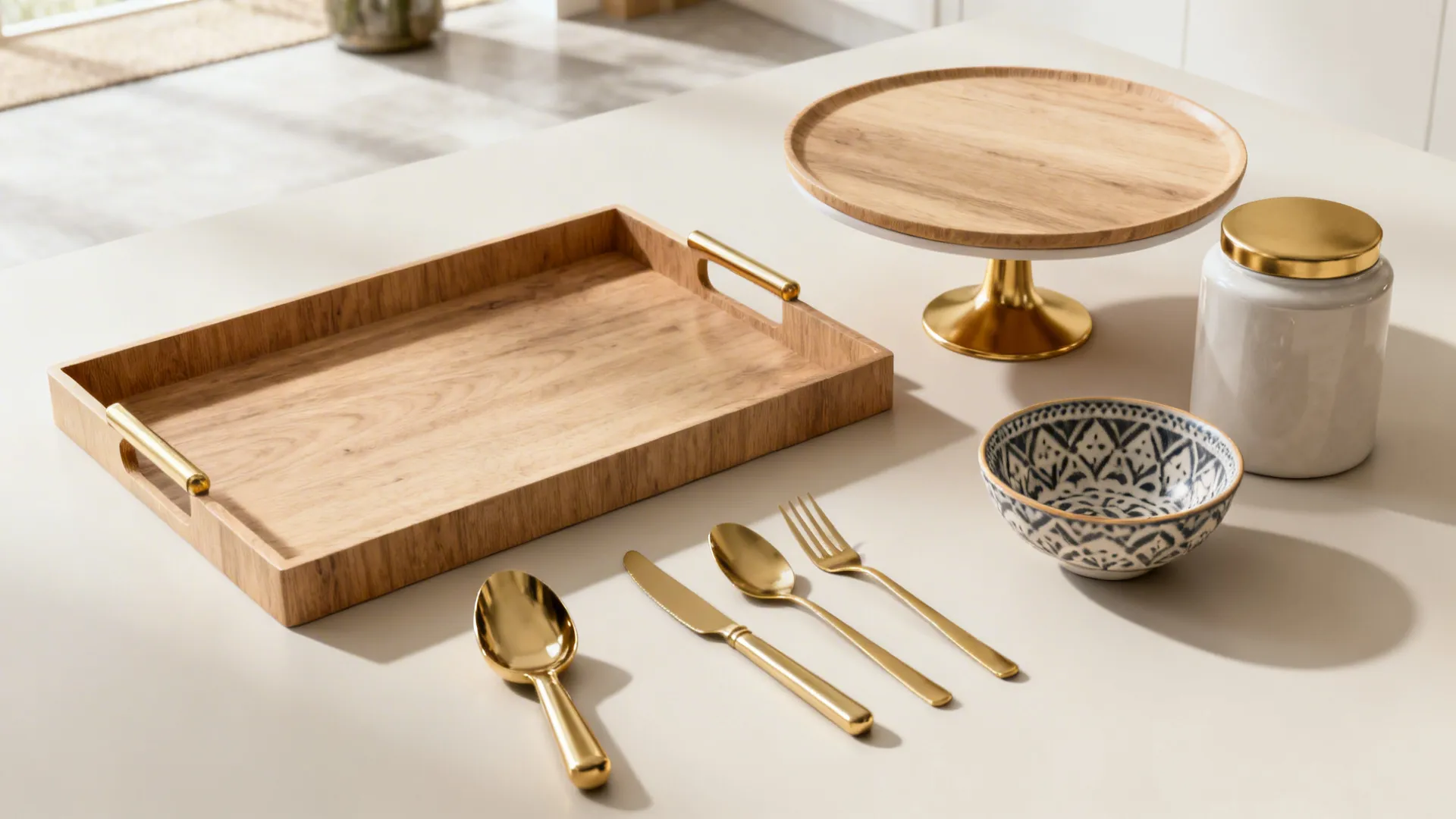 Top-down flatlay of matching trays, cake stand and canisters that serve as decor and functional pieces