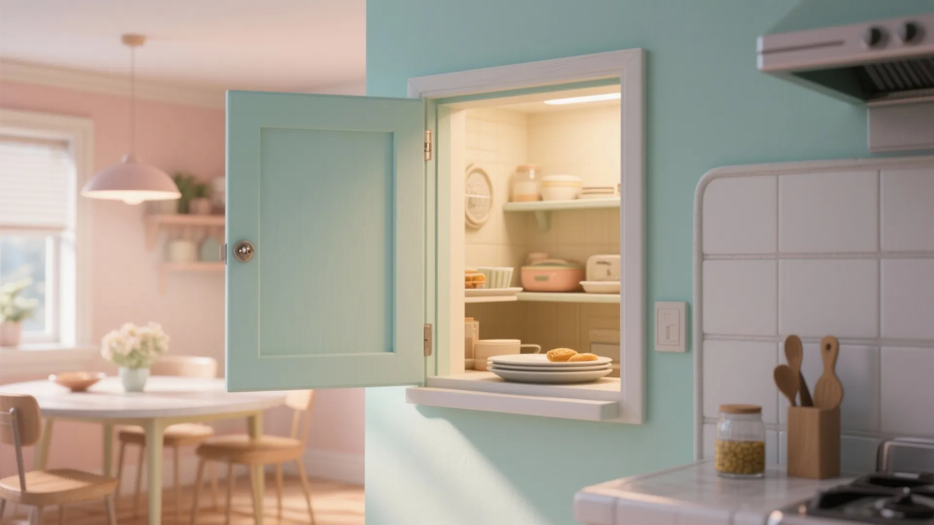 Mint green kitchen wall with a serving hatch opening to a warm pink dining room