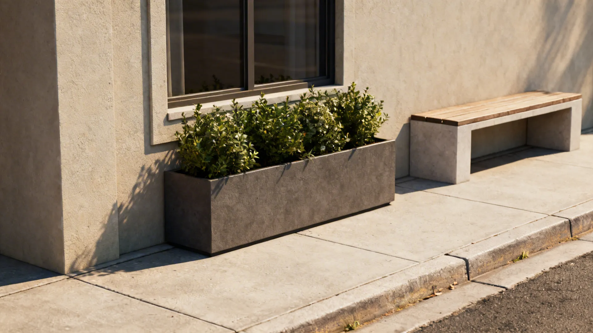 Planter under a window and a low bench demonstrating permit-friendly setbacks