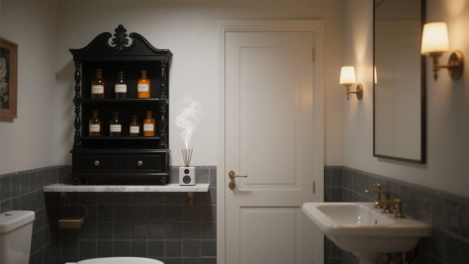 Classic bathroom interior design with black wall cabinet and white door plus a small sink