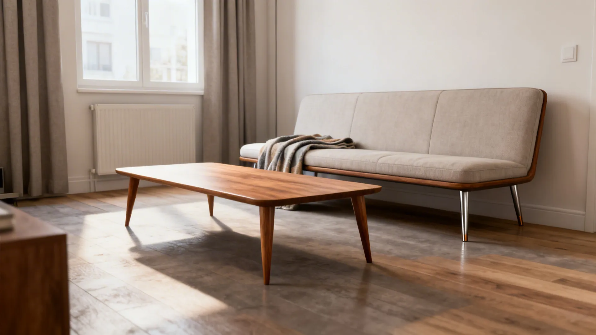 Slim settee with raised legs showing floor space and a low-profile coffee table in a compact room.