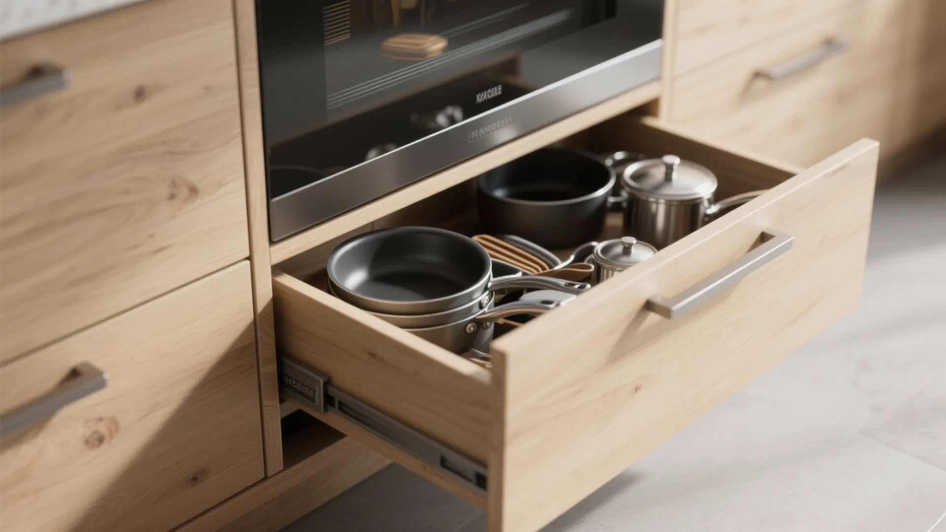 Open wooden kitchen drawer filled with metal pots and pans located underneath a modern black oven