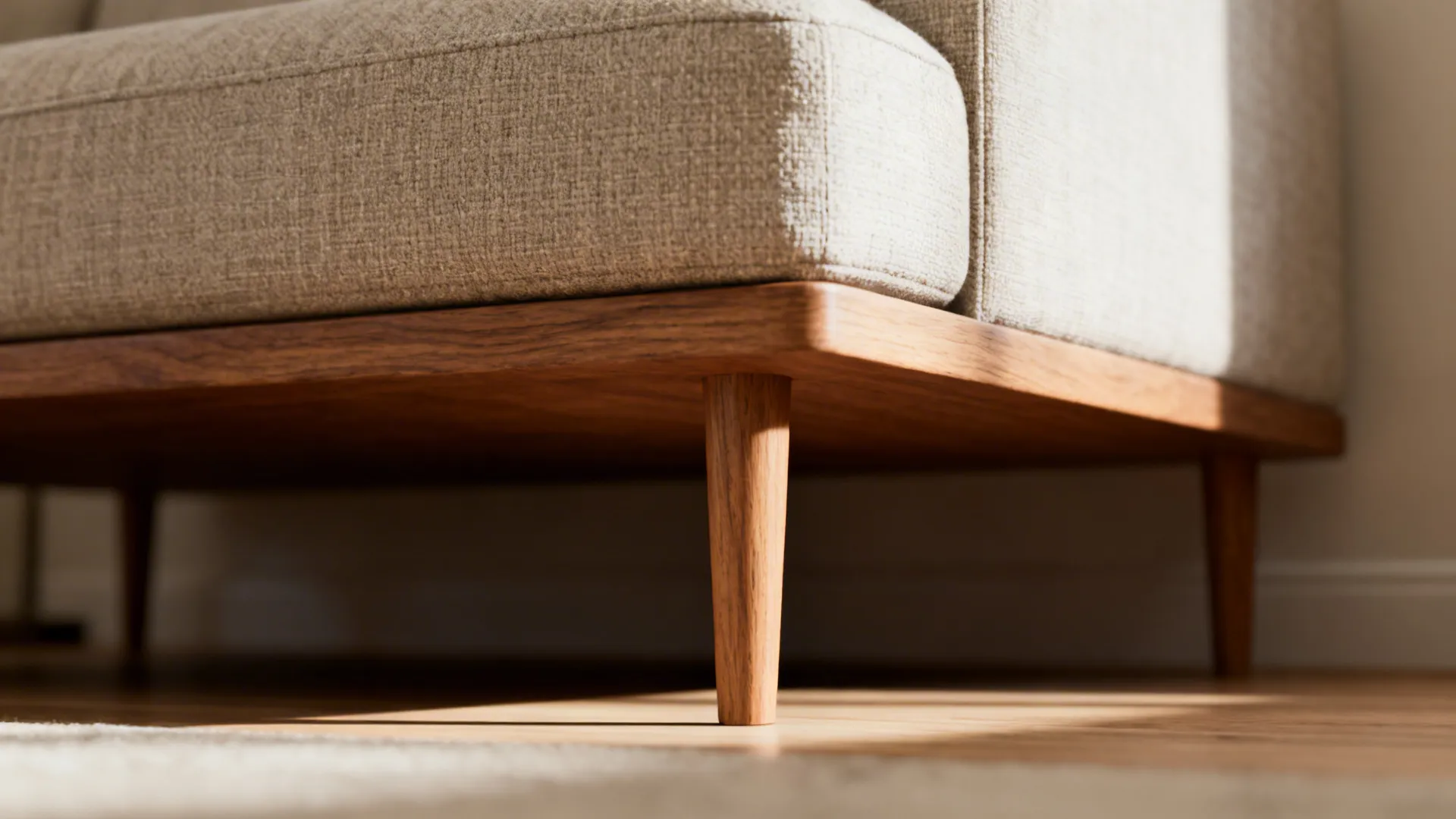 Close-up of a compact settee with tall wooden legs showing airy floor space