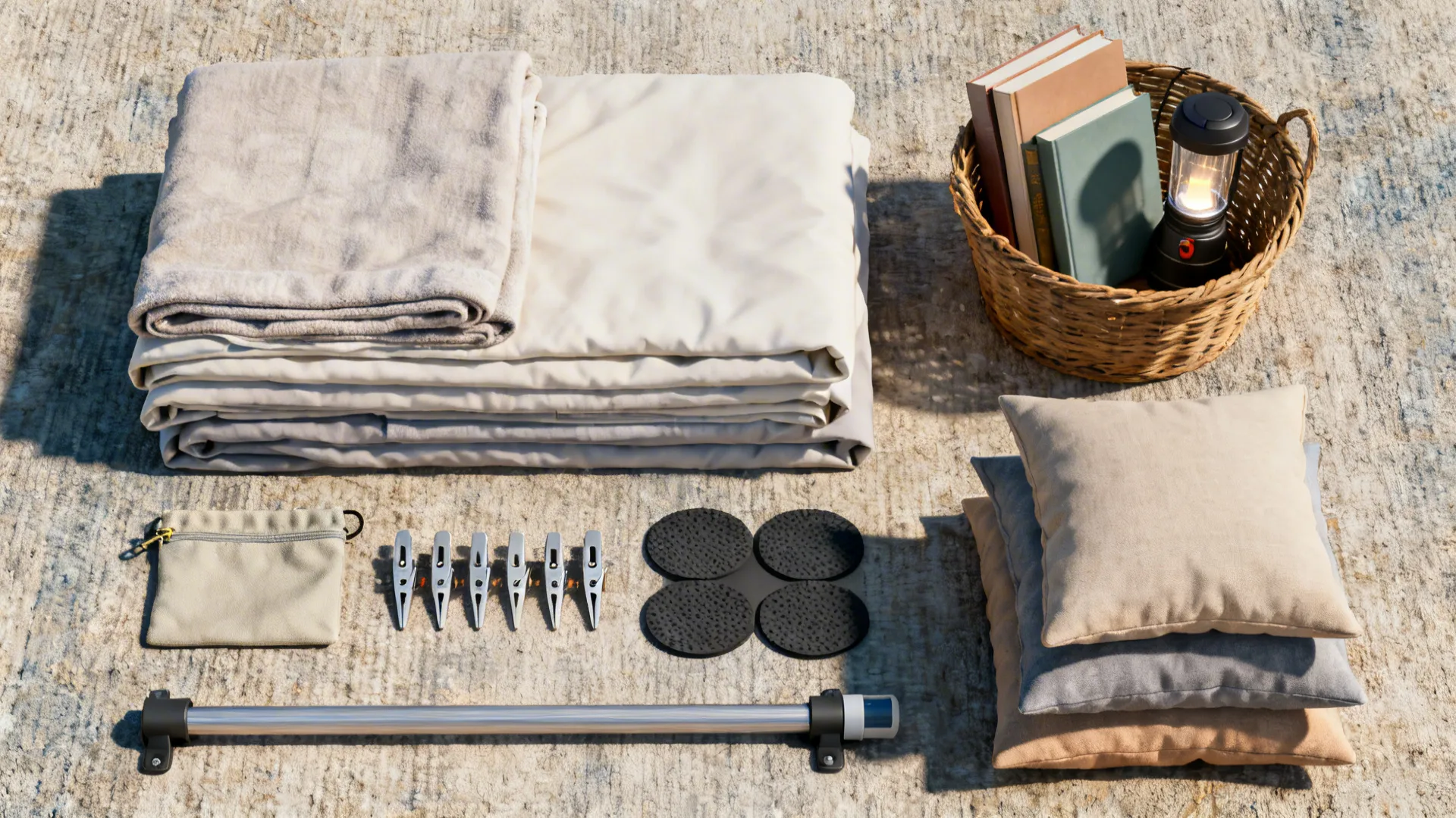 Flatlay of sheets, clips, cushions, LED lights, and a small basket for a quick fort setup.