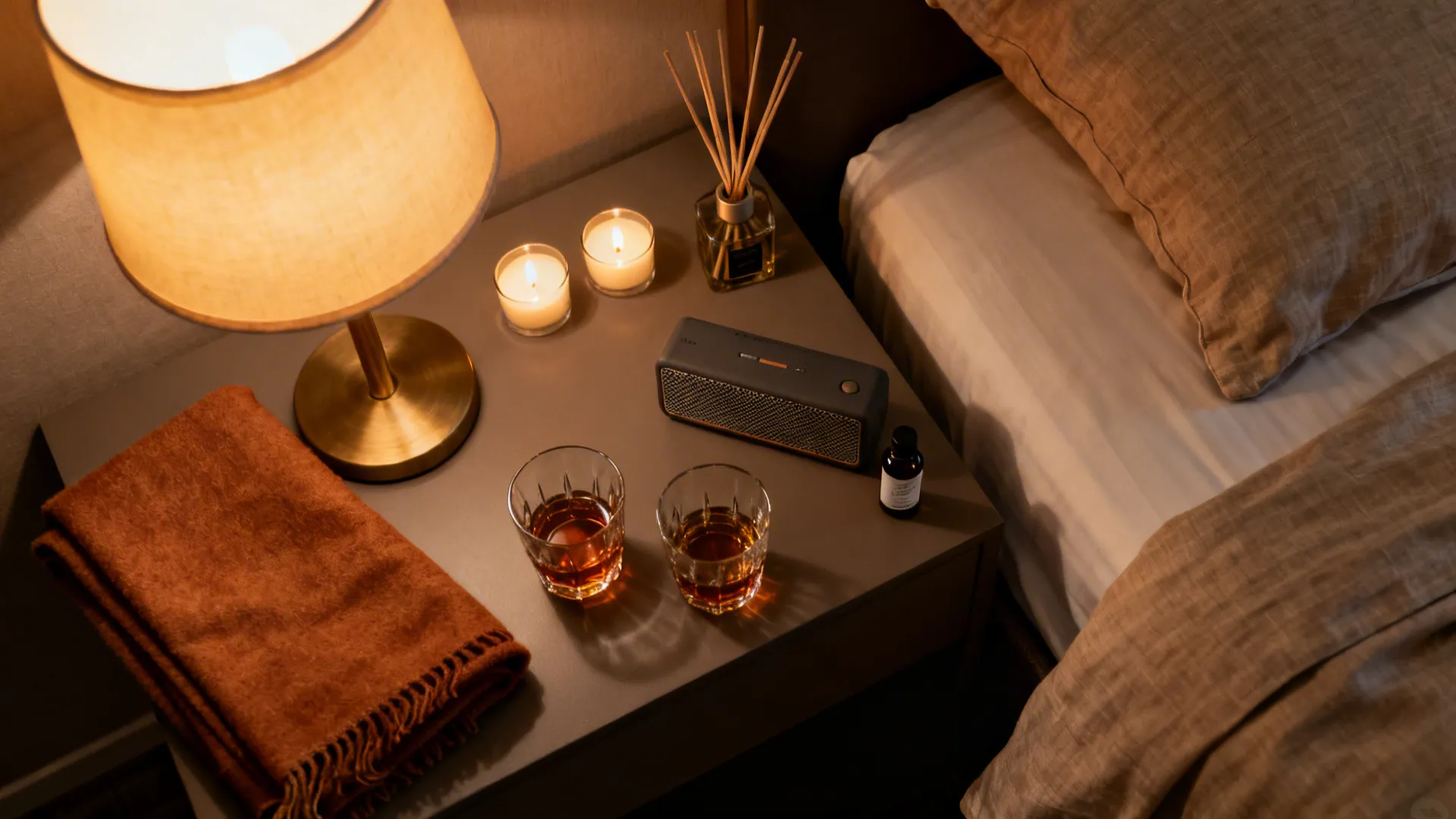 Top-down kit of warm lamp, LED tea lights, throw, linen pillowcase, diffuser, speaker, glasses, and bottle.