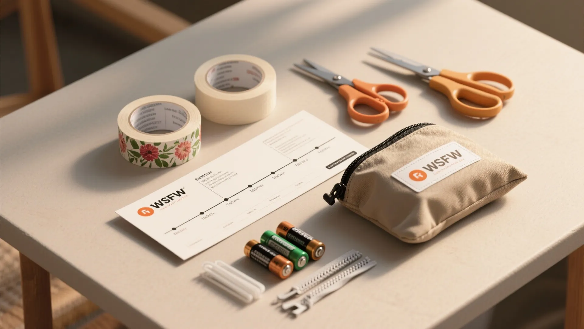 Emergency kit essentials including tape scissors batteries a small bag and tools on a table