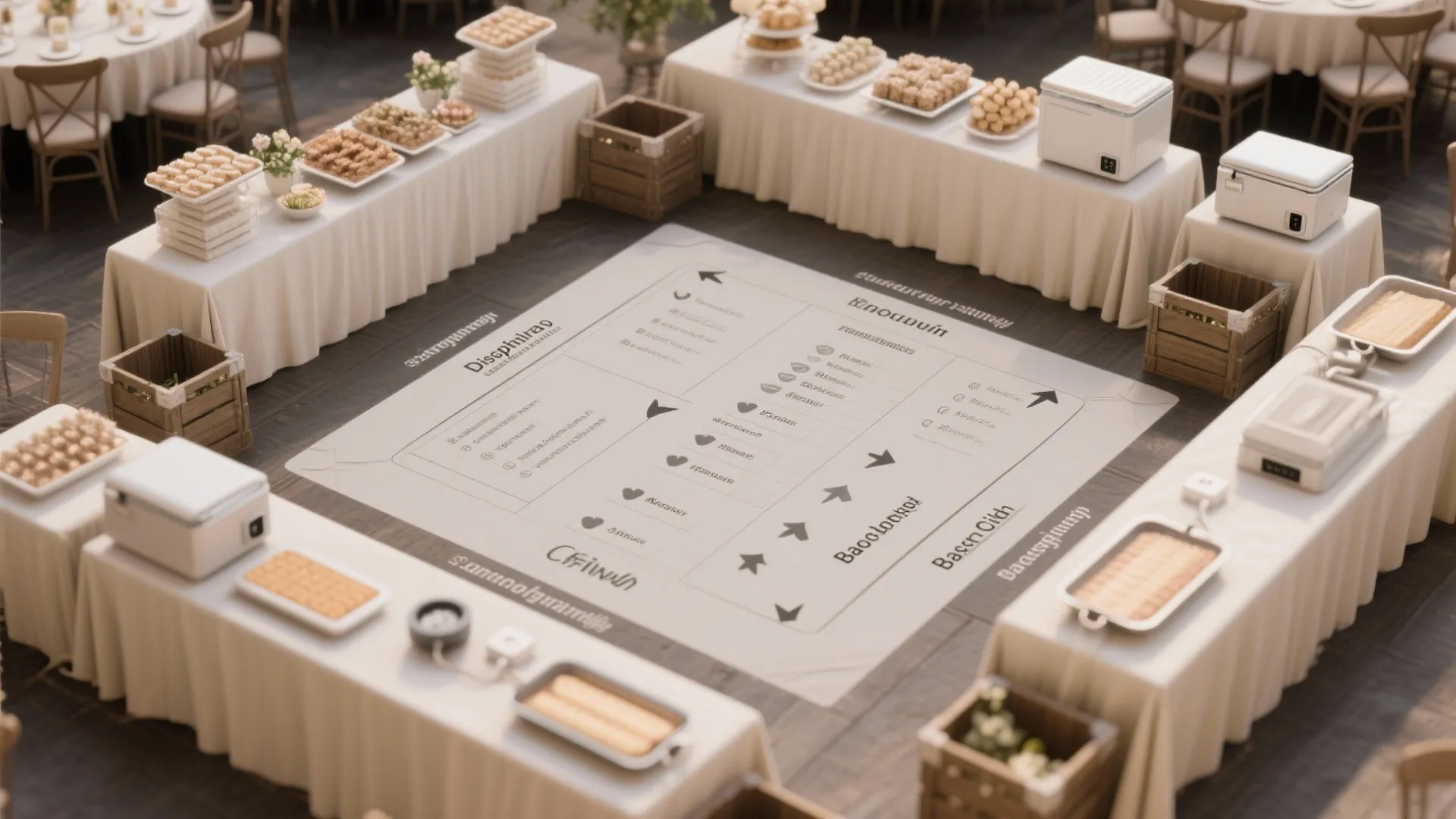 Top-down mockup of a dessert table floor plan showing display, refill, backup cooler zones and guest flow.