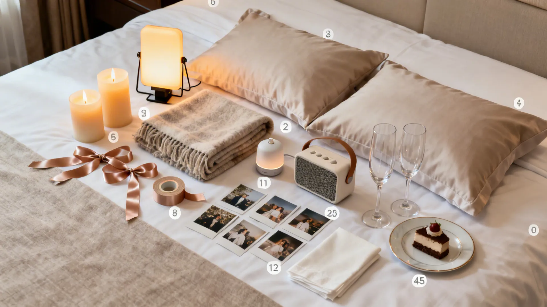 Top-down flat lay of candles, clip lights, textiles, photos, diffuser, speaker, and toast items on a bed.
