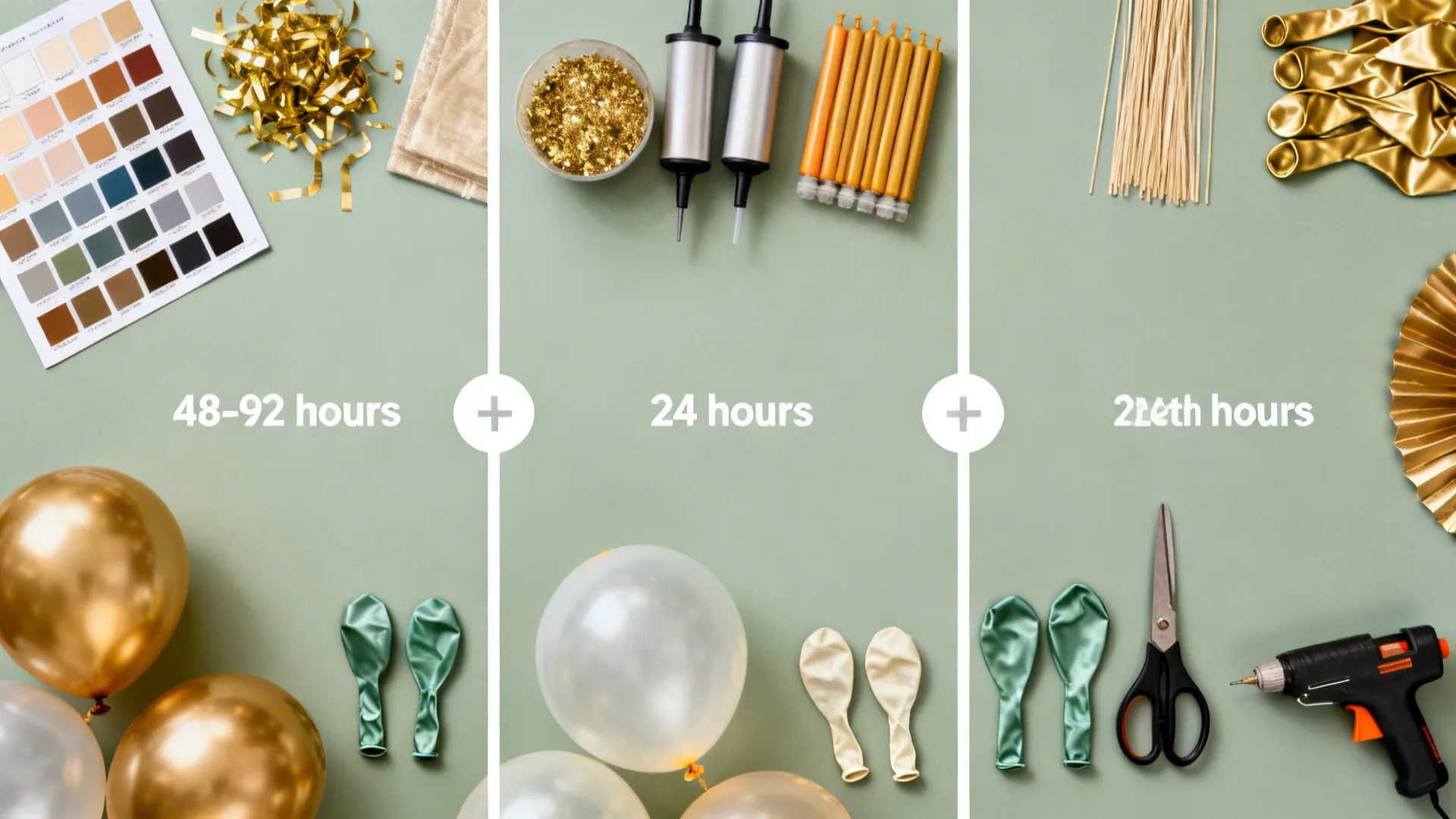 Top-down view of palette swatches, grouped materials, and assembly tools arranged in a three-phase birthday setup timeline.