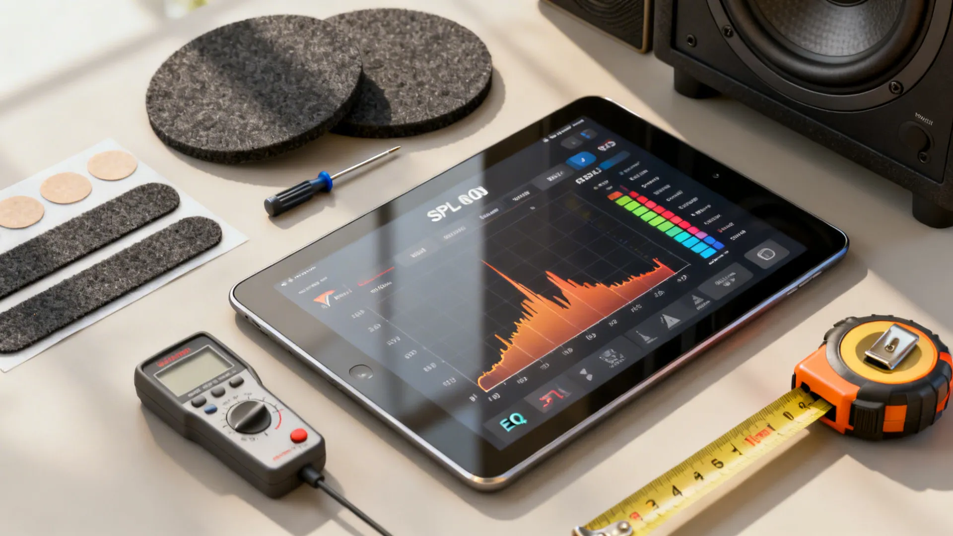 Tablet showing sound graph with tape measure screwdriver and tools on a flat grey surface