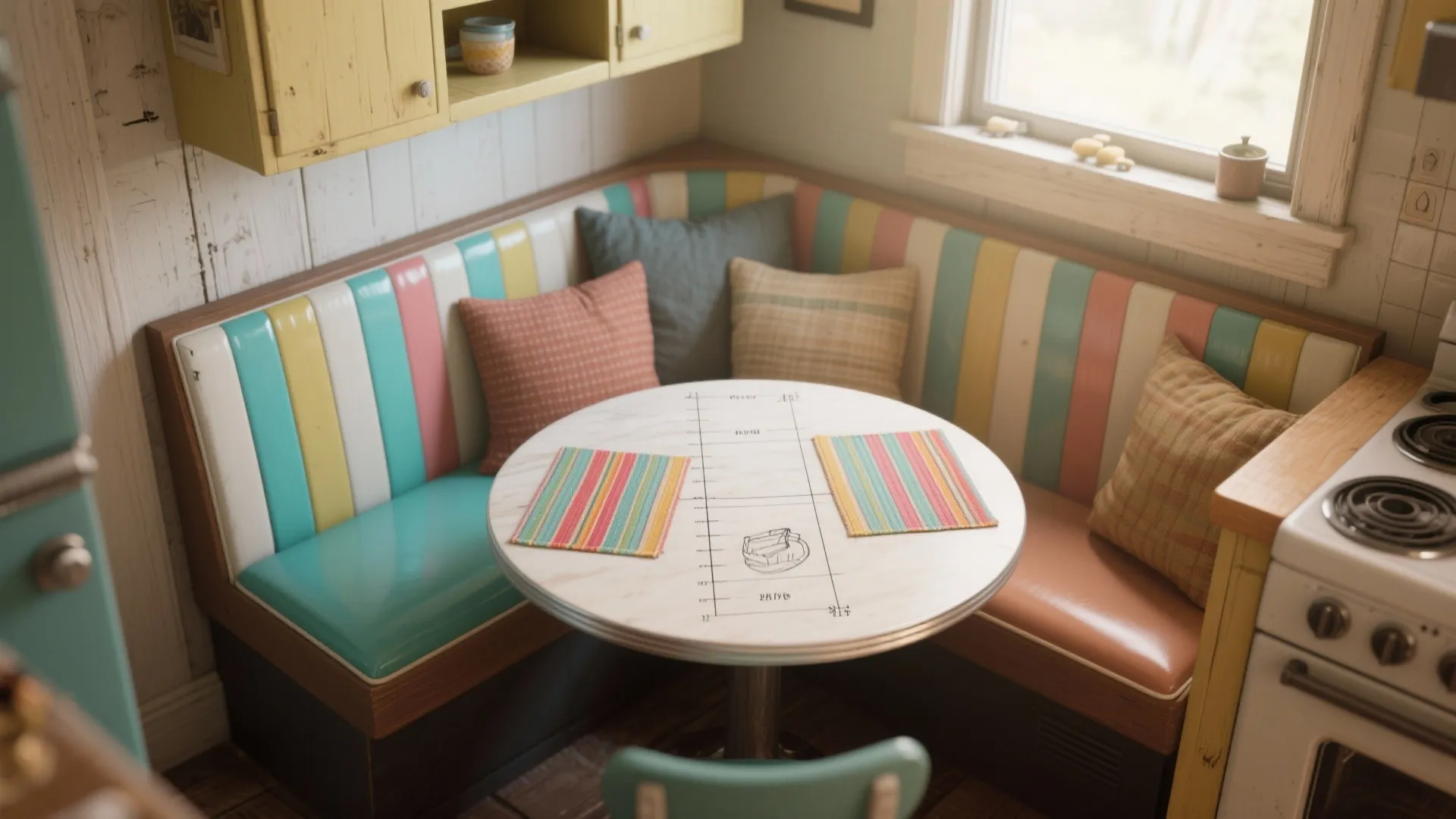 Colorful striped breakfast nook with corner sofa and round table in a small bright kitchen