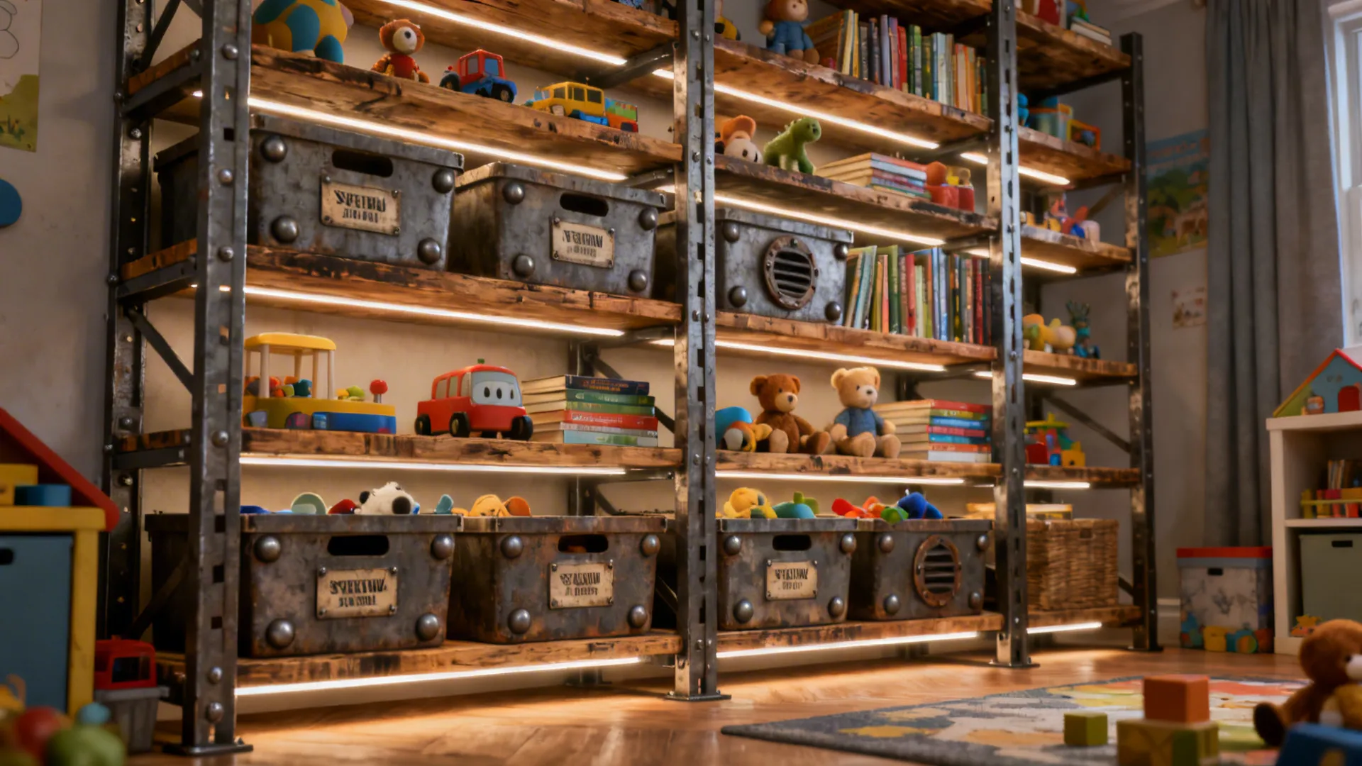 Industrial-style vertical shelving with labeled bins and reclaimed wood in a TMNT-inspired kids' room.