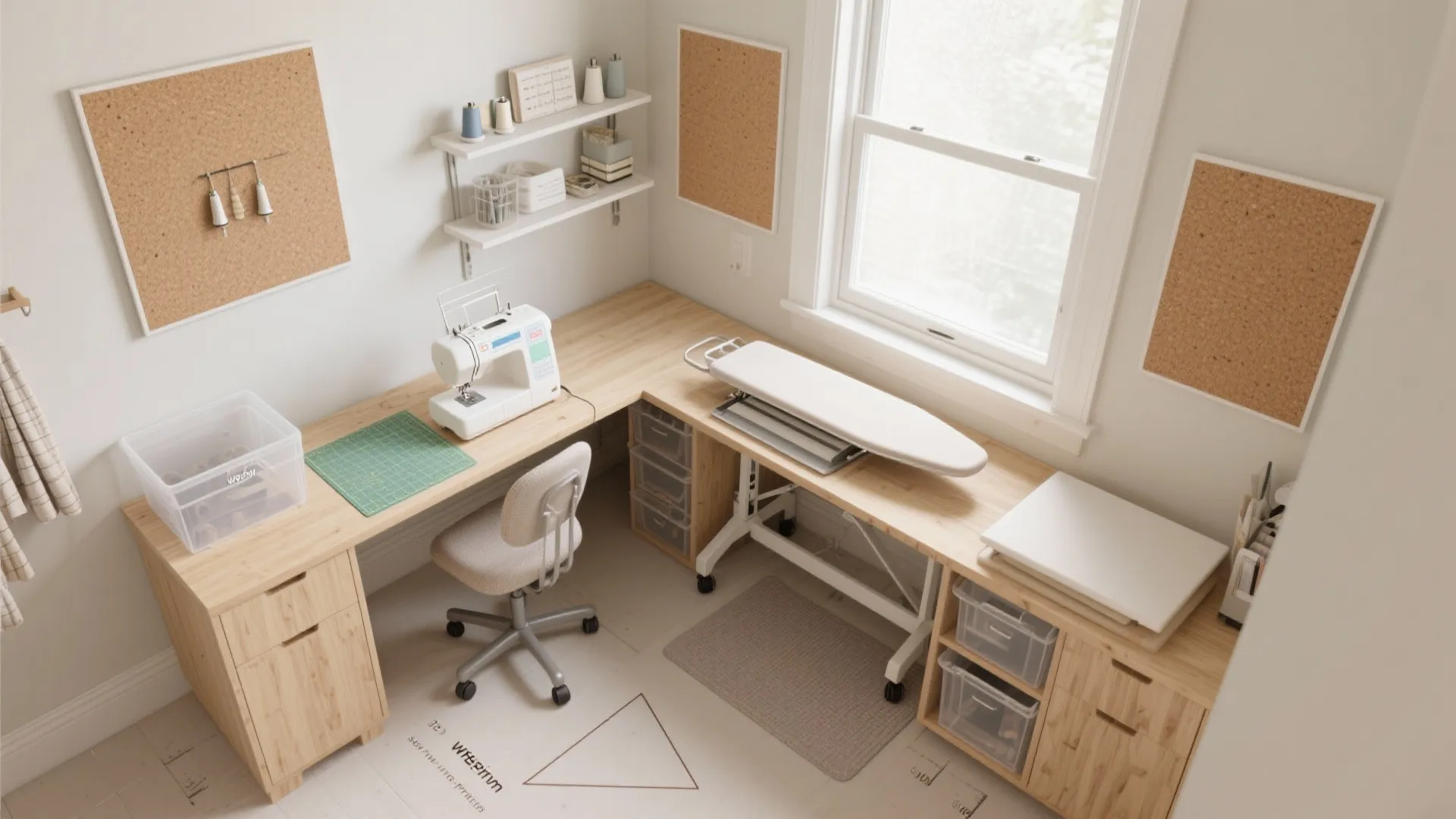 Sewing room layout with corner wooden desk containing a white machine and an ironing board