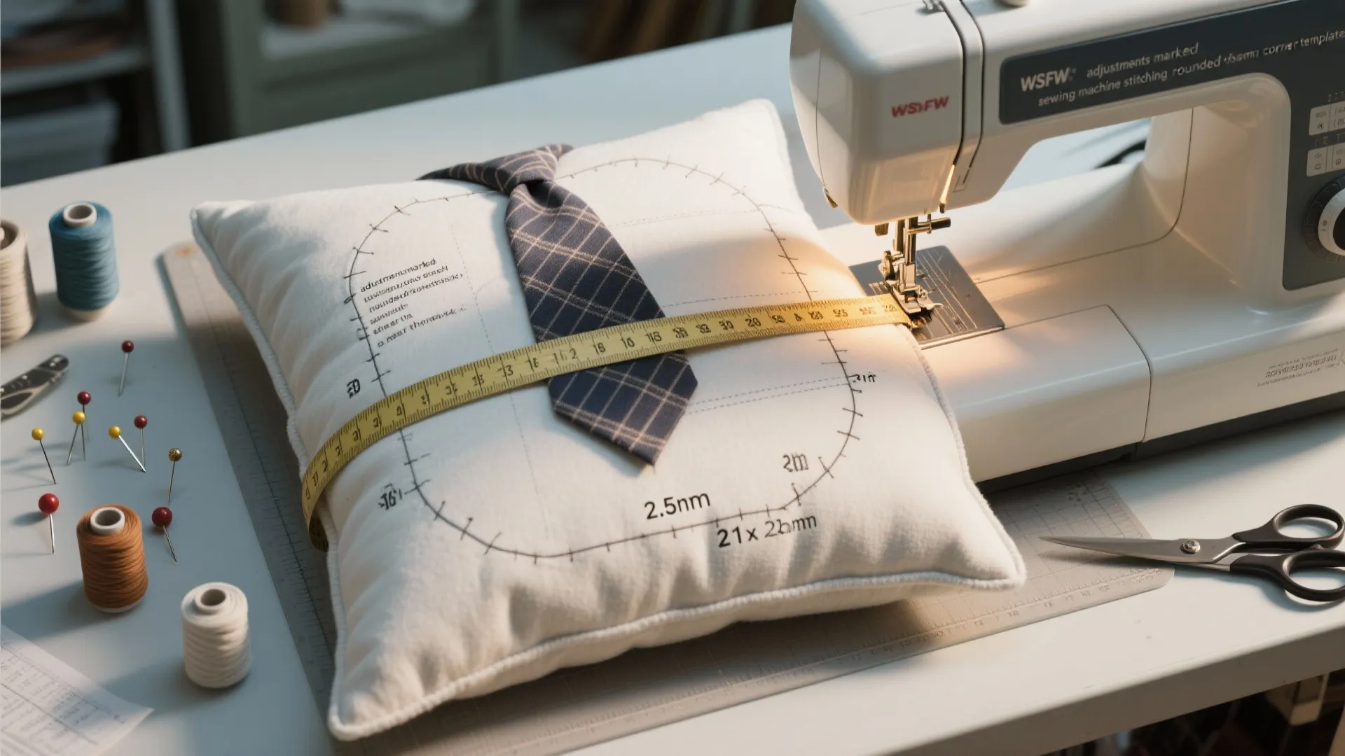 White cushion with yellow measuring tape under sewing machine on table with thread and pins