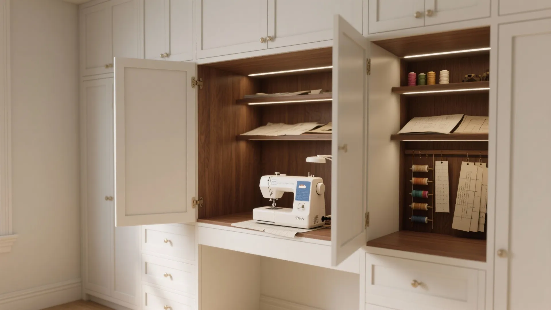 5. Built-in desk niche that converts to a sewing station