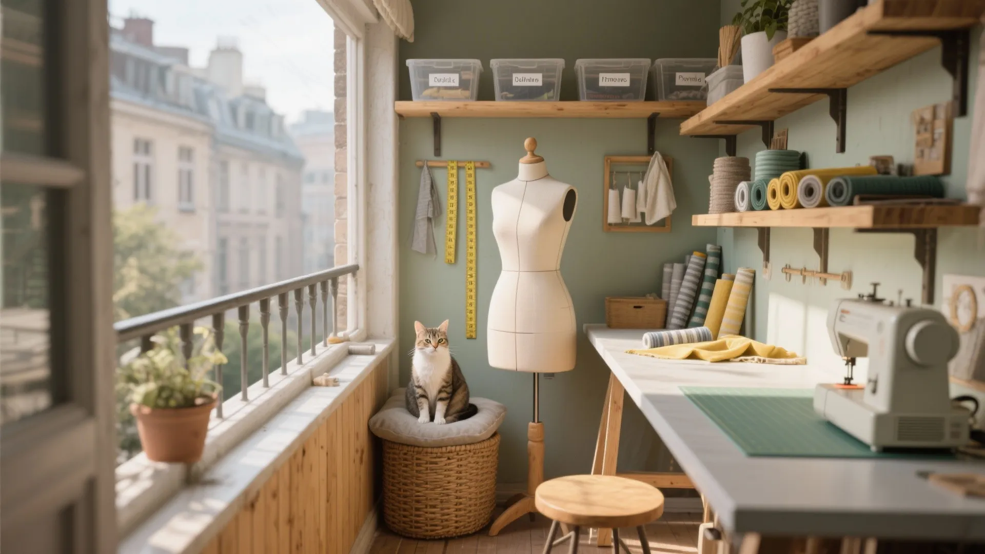 Bright sewing room with craft table mannequin cat sitting on basket shelves and large window