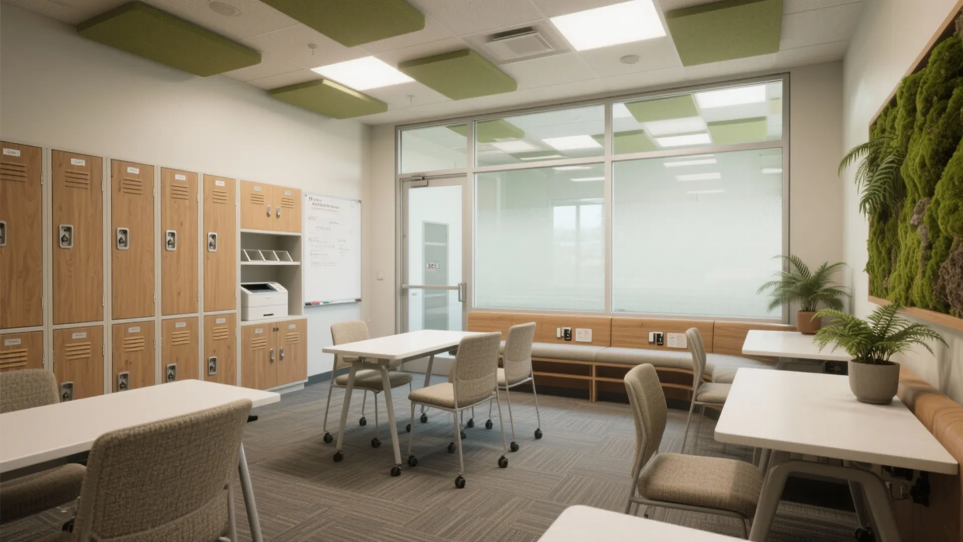Bright school common area with wooden lockers white tables grey chairs and green wall panels