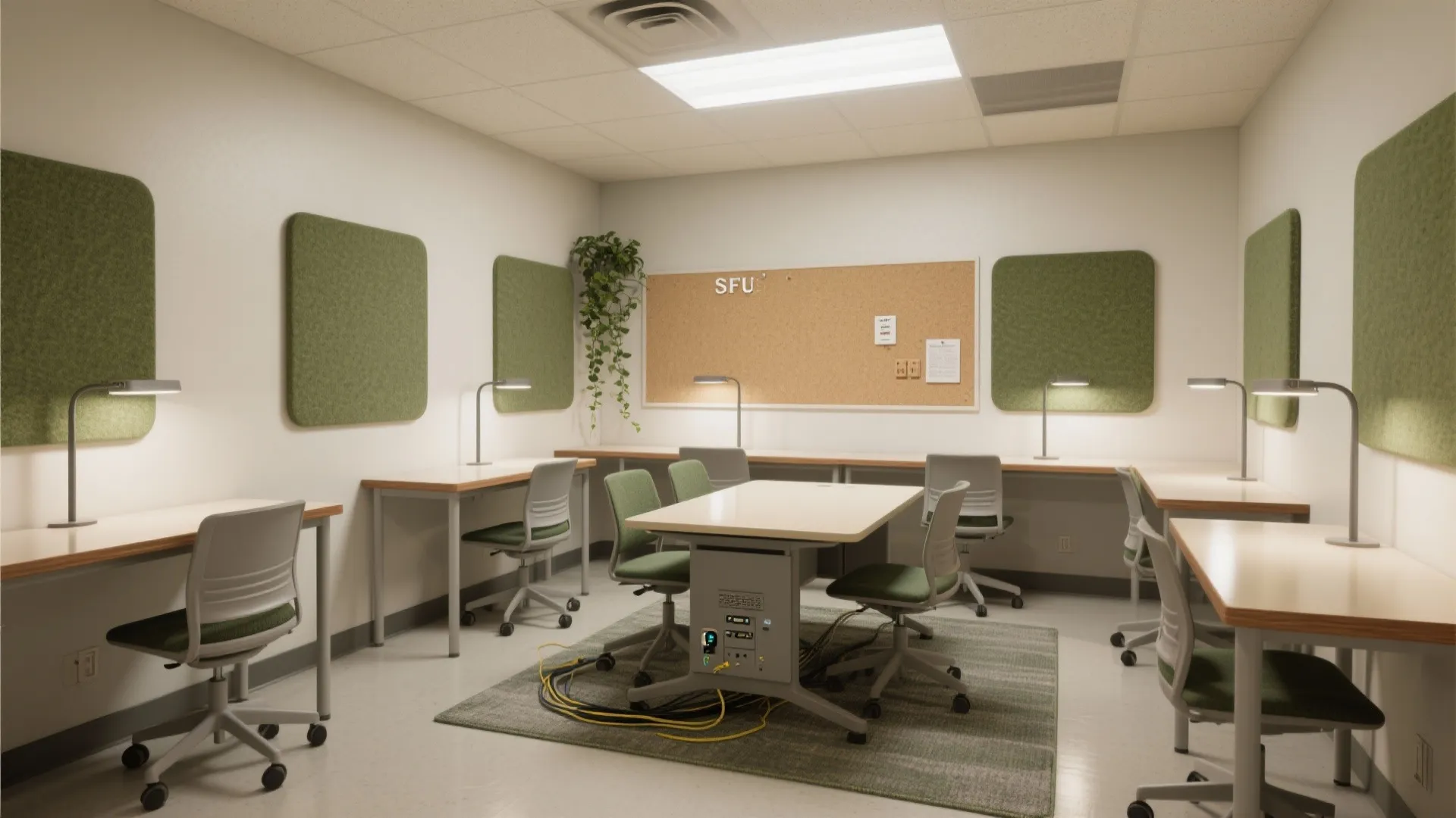 Modern university study room with white desks, green office chairs, wall panels, and bright lights
