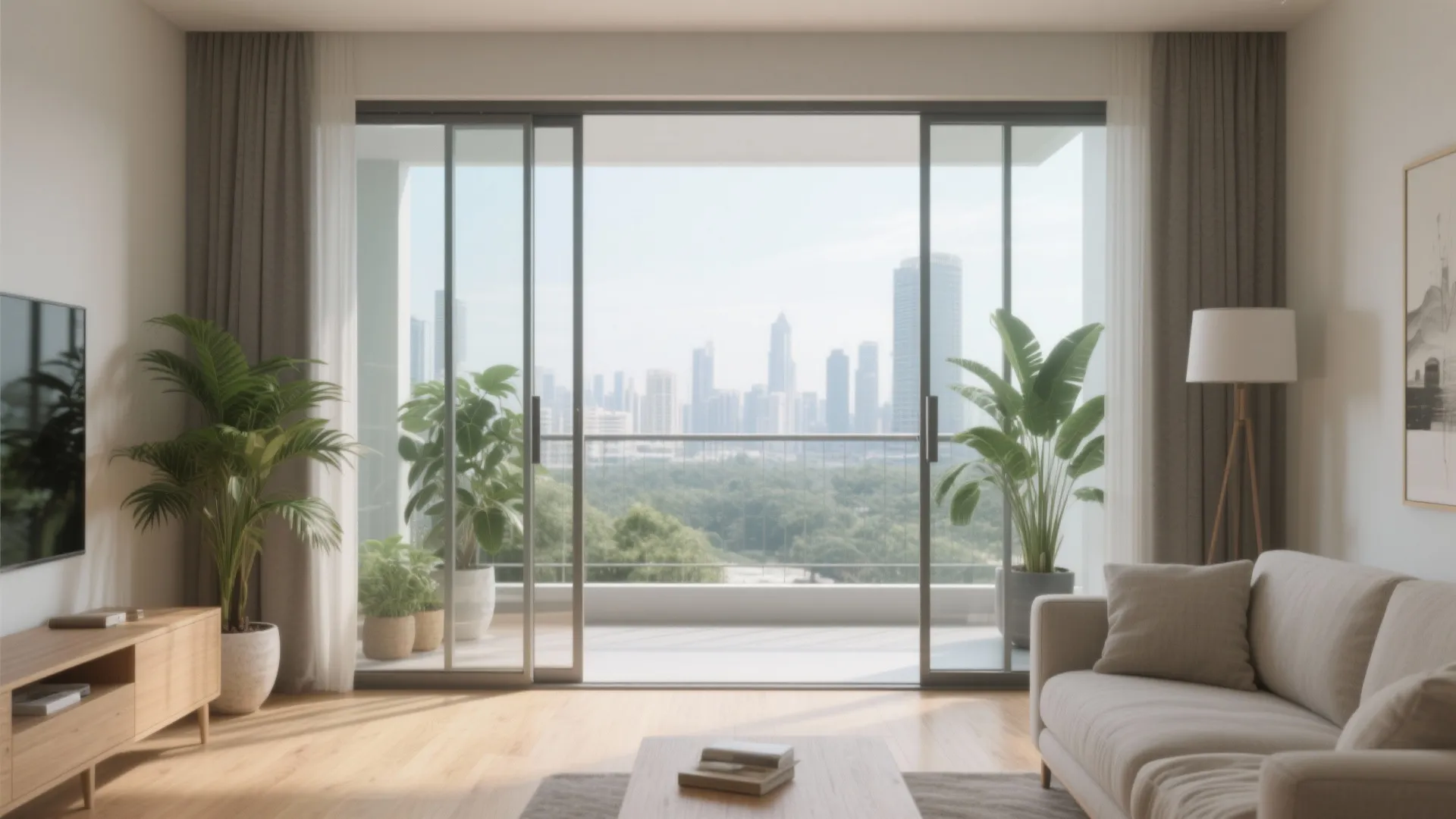 Modern bright living room with sliding glass doors leading to balcony overlooking city and park