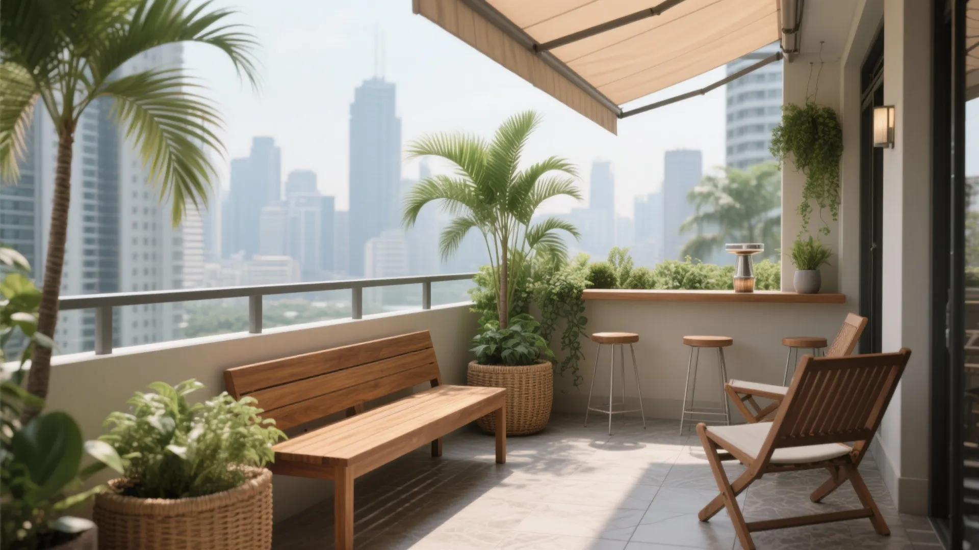 Sunlit high-rise balcony with wooden furniture green palm plants city view and beige outdoor shade