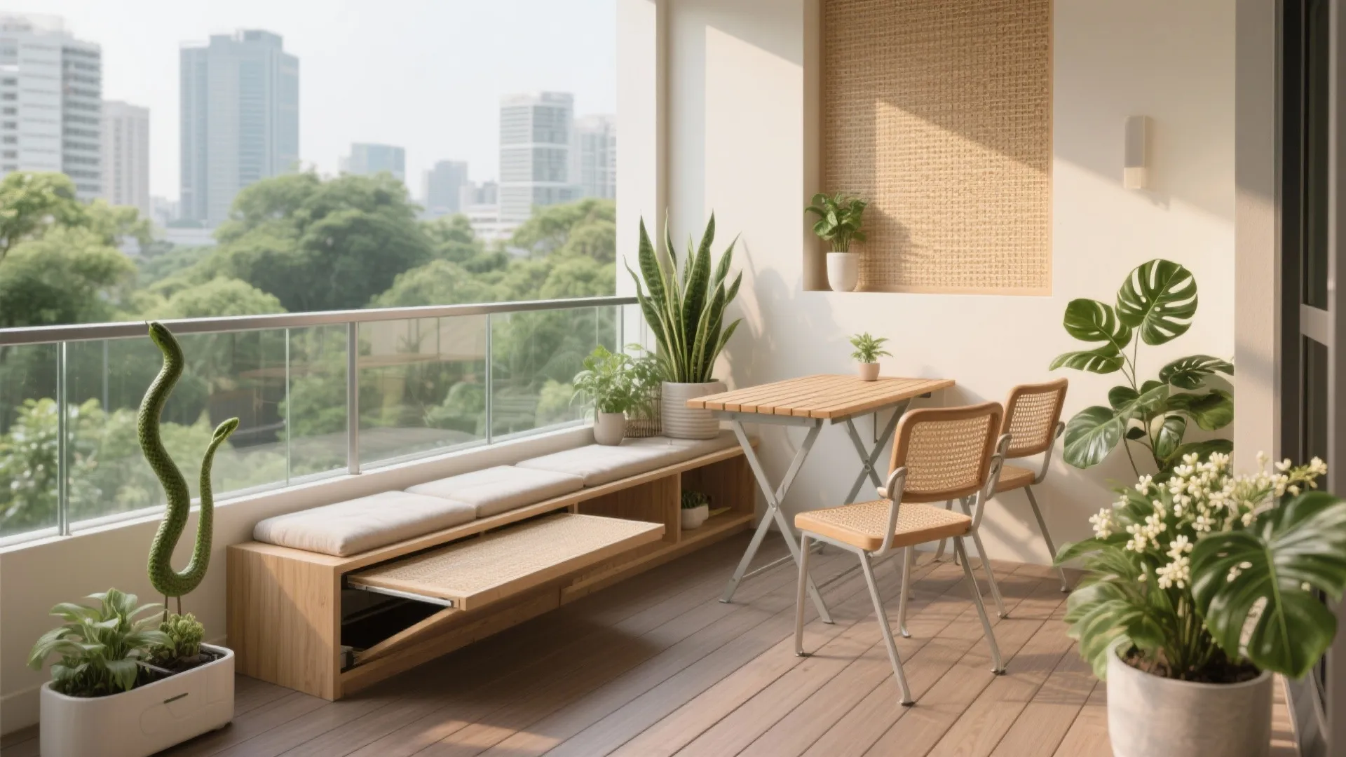 Cozy balcony featuring wooden bench with storage folding table chairs and many green potted plants