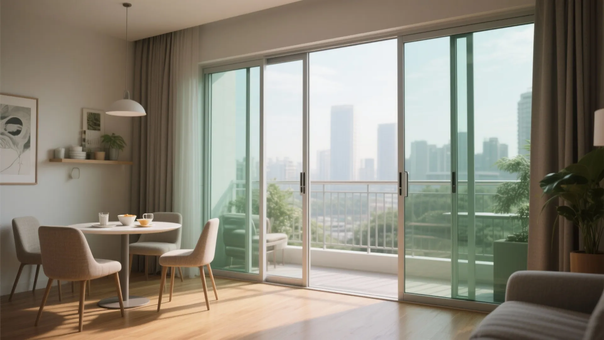 Dining room with round table and chairs near large sliding glass doors leading to a balcony