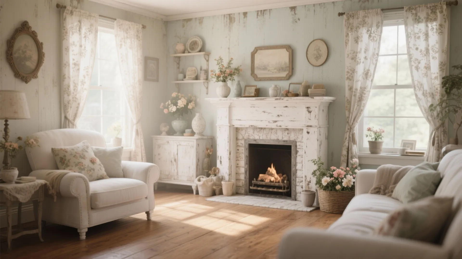 8. Shabby Chic Distressed White Fireplace