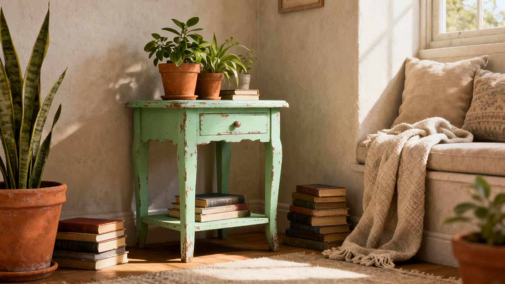 distressed green side table with potted plants on top and stacks of books on floor