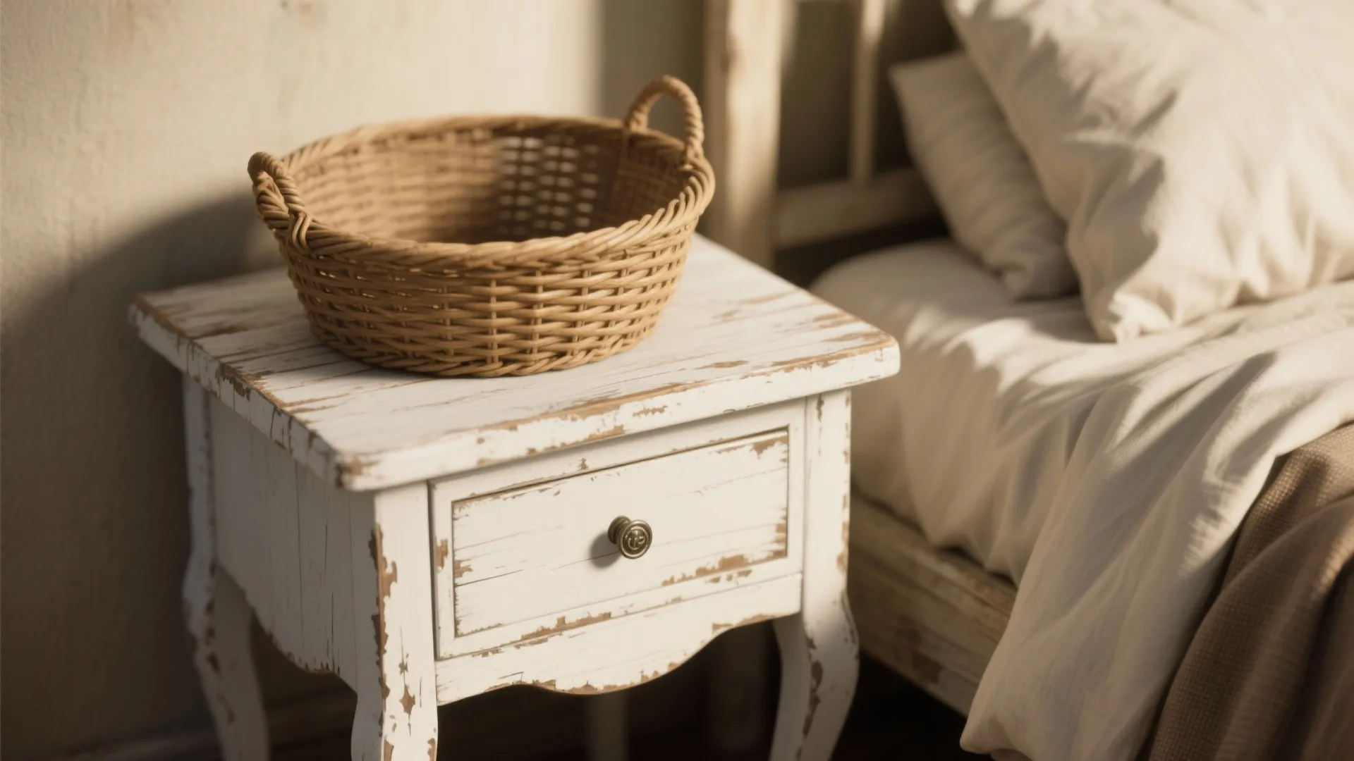 Bedside vignette with distressed white nightstand, rattan basket and linen bedding