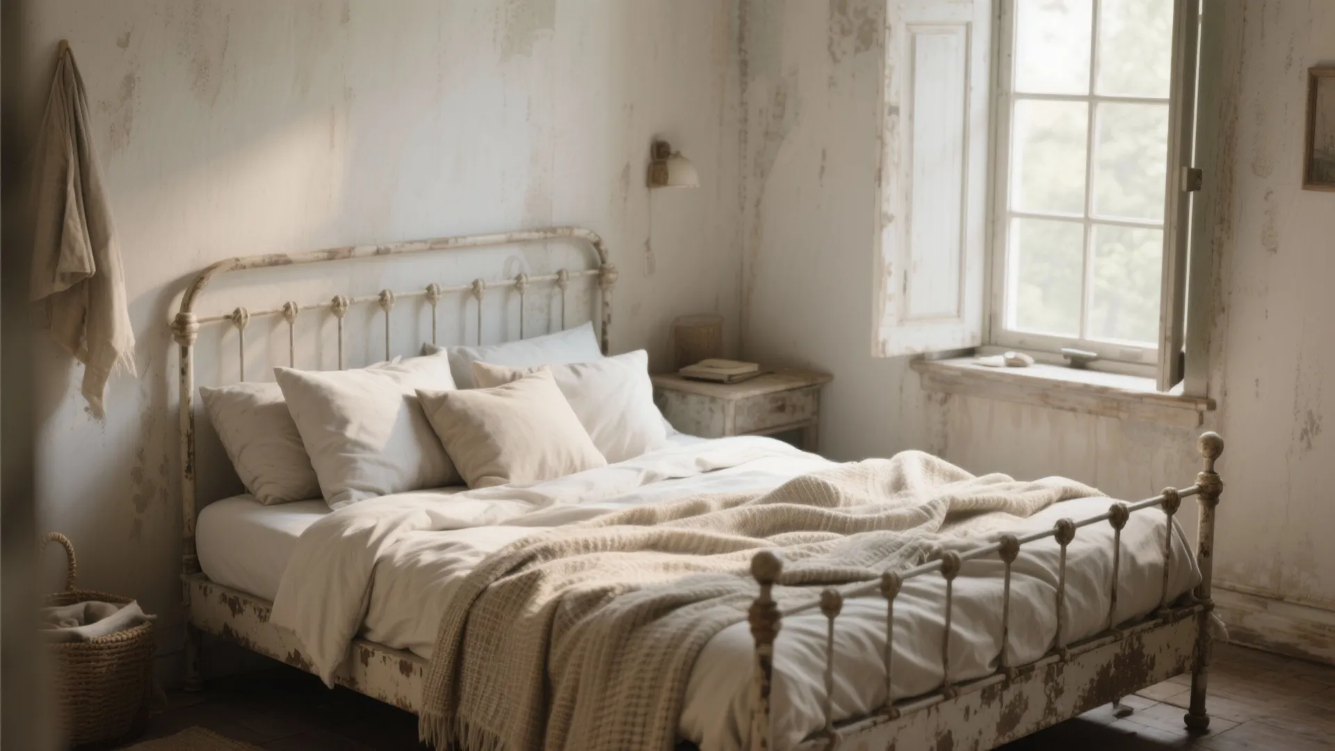 Low distressed bed with layered linen and cotton bedding creating a sun-bleached shabby chic look in a small bedroom.