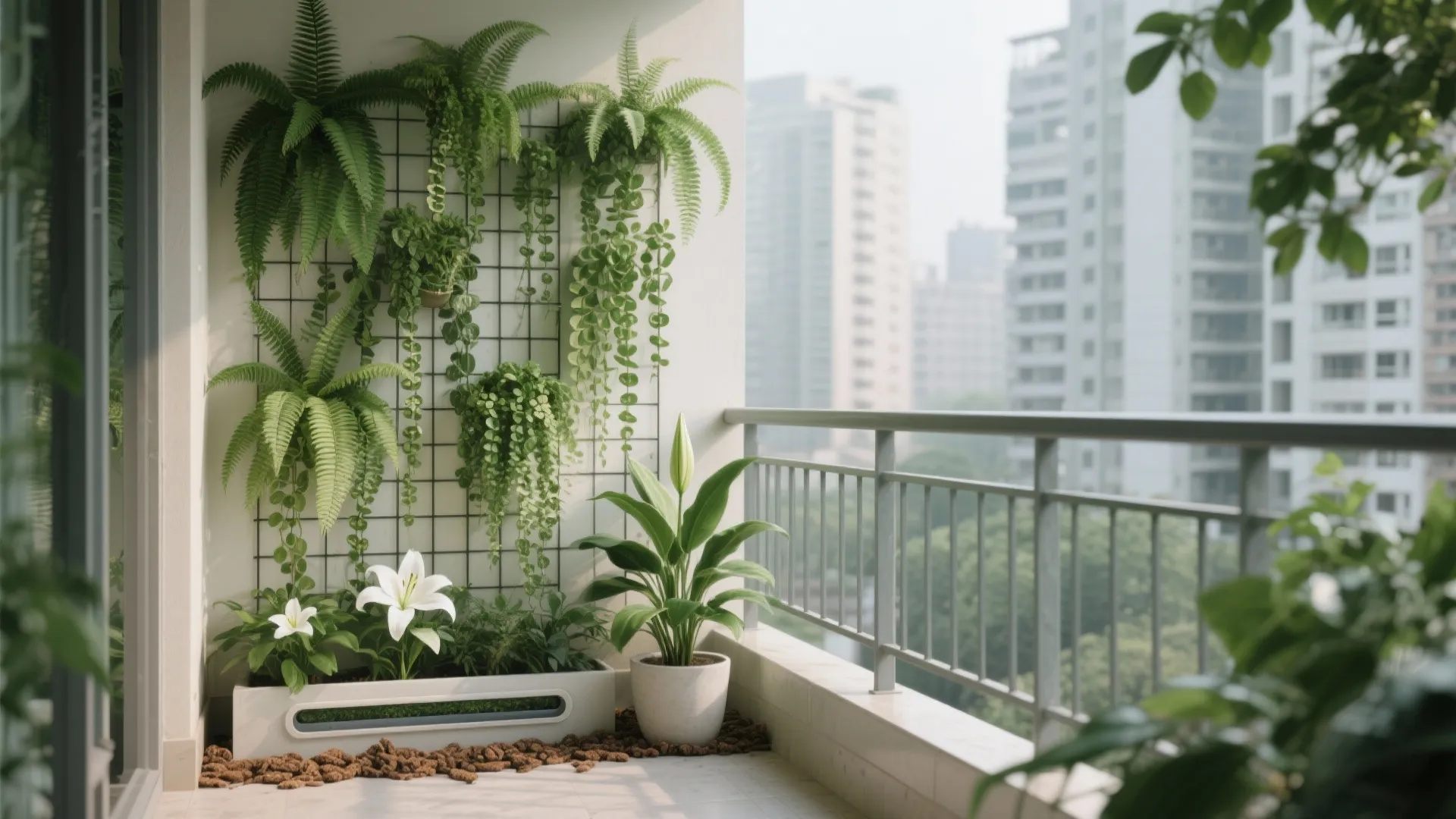 Shade-Savvy Balcony: Ferns, Money Plant, and Peace Lily