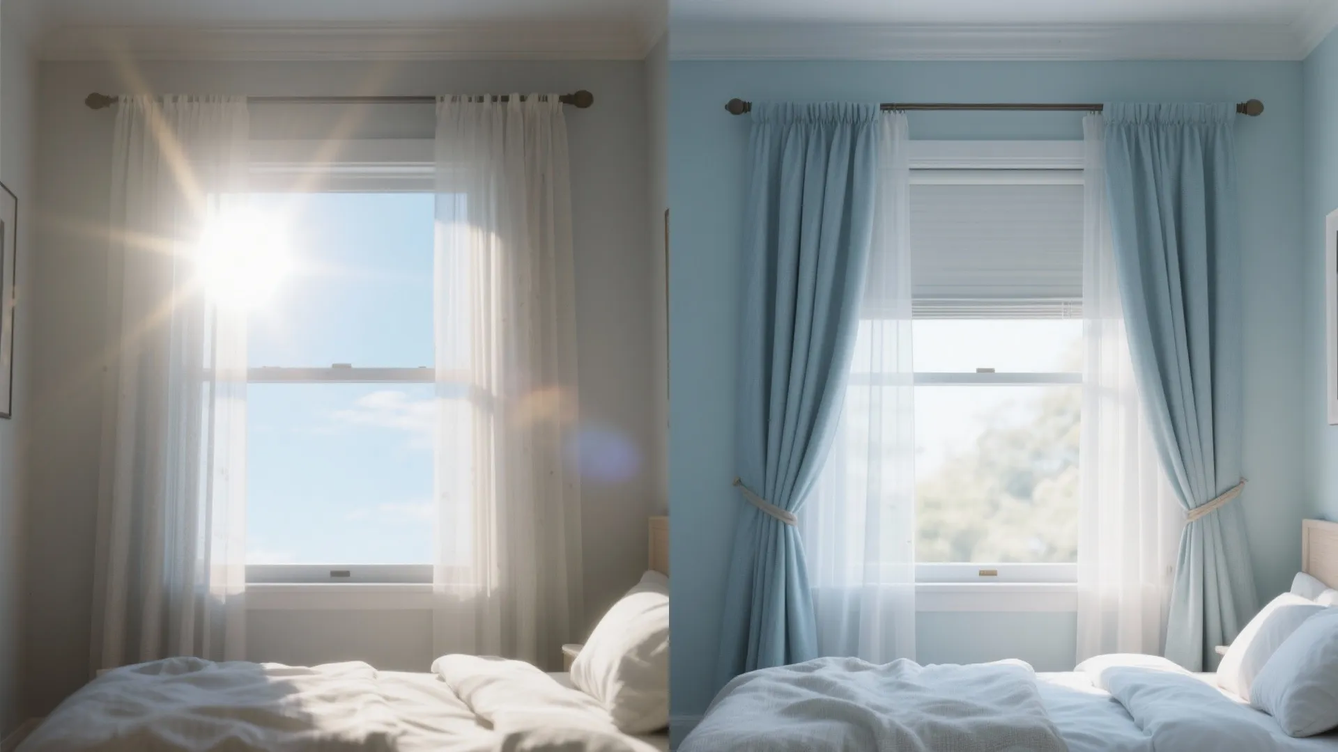 Before and after comparison of a bright bedroom window with and without thick blue window curtains