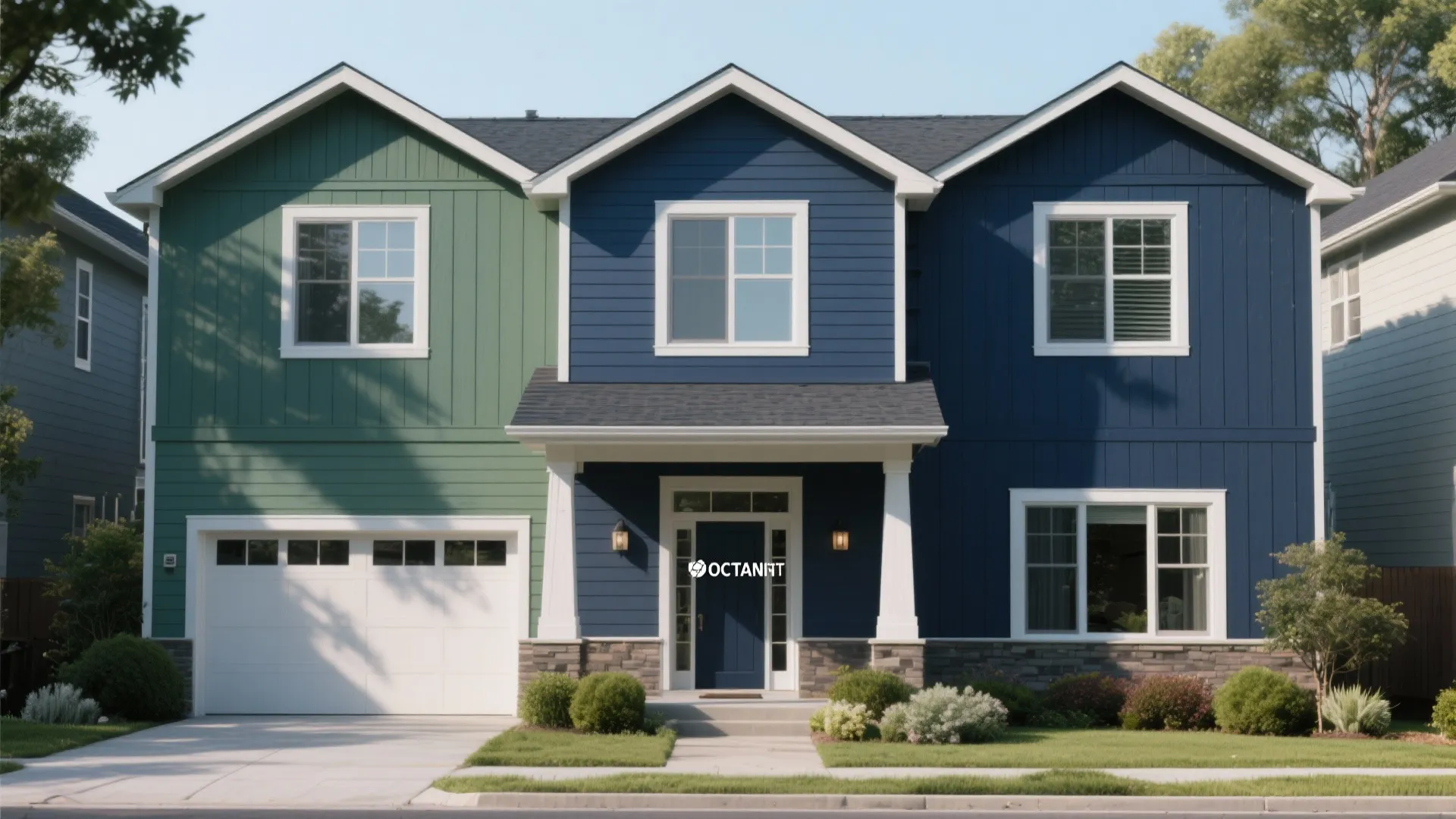 Two story house showing green and navy blue wall panel siding options for modern home exterior