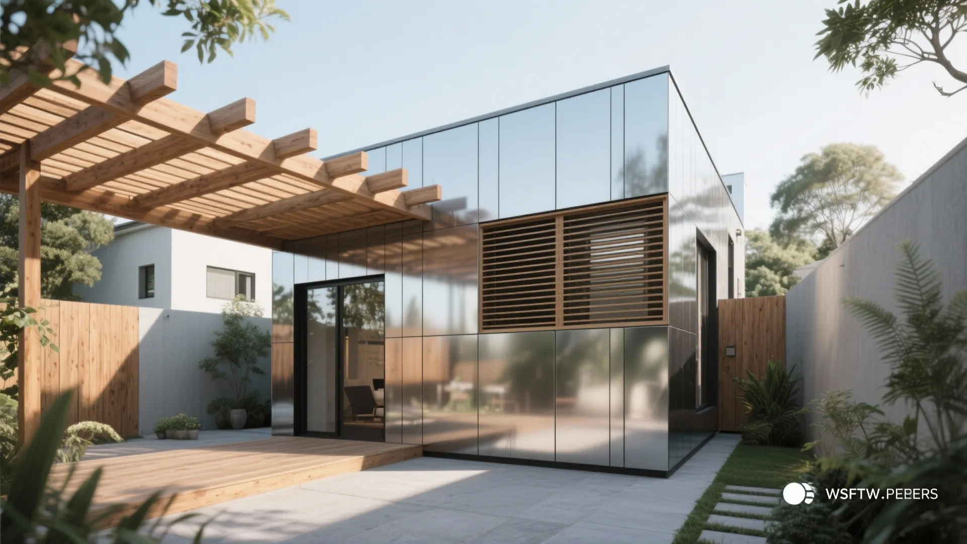 Courtyard facade with reflective paint, pergola shading and ventilated cladding panels.