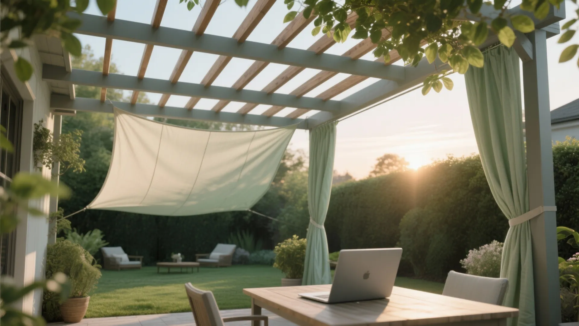 Pergola with adjustable slats and pale curtains creating soft shade for a laptop