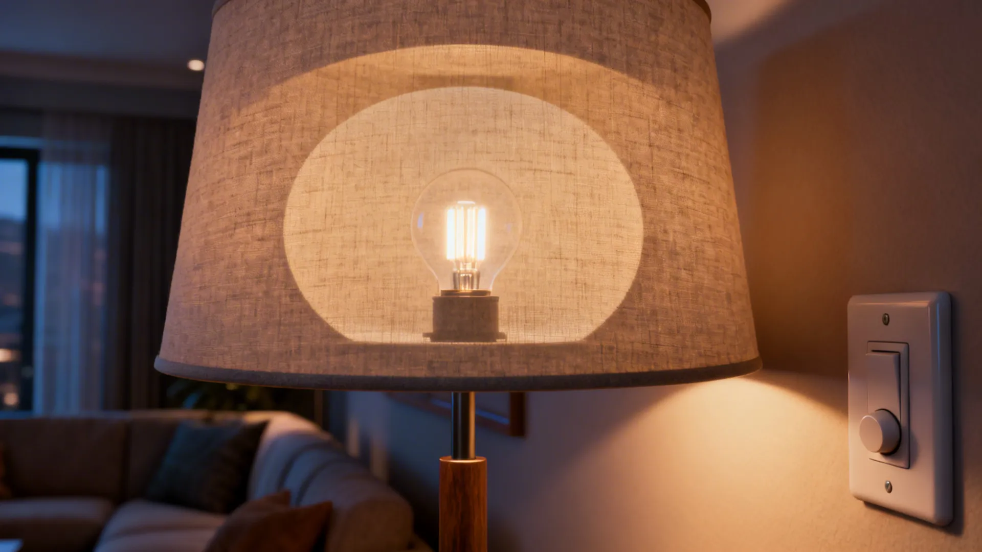 Large fabric shade with internal diffuser and wall dimmer controlling warm LED mood lighting.