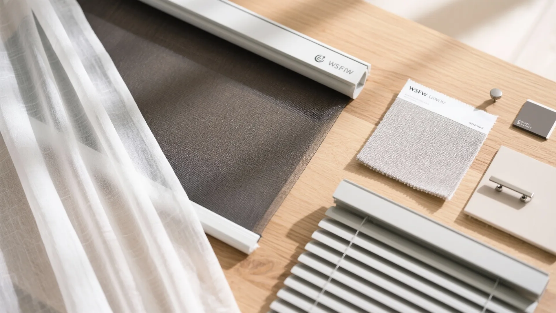 Collection of window blind samples with fabric swatches and curtain materials on a wooden table