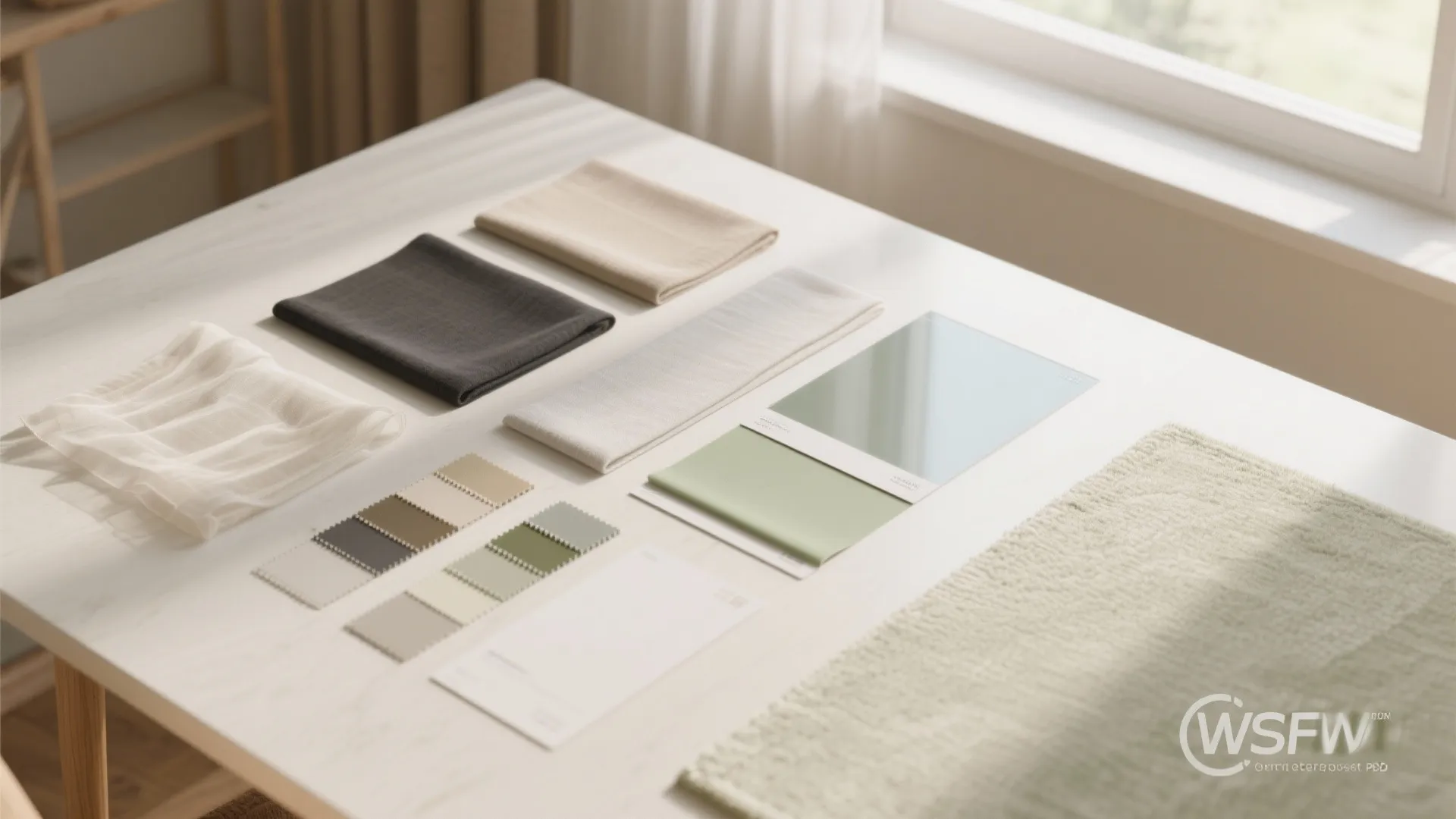 Interior design mood board on table with fabric samples color swatches and green texture material pieces