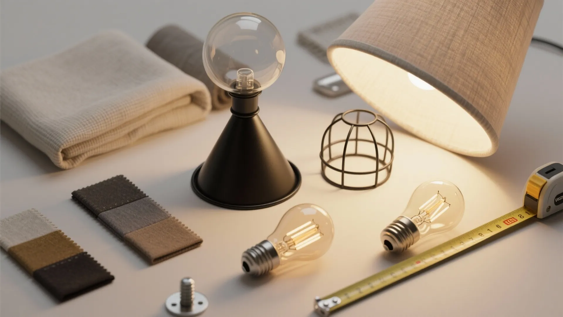 A flat lay of interior design materials including light bulbs fabric samples and measuring tape