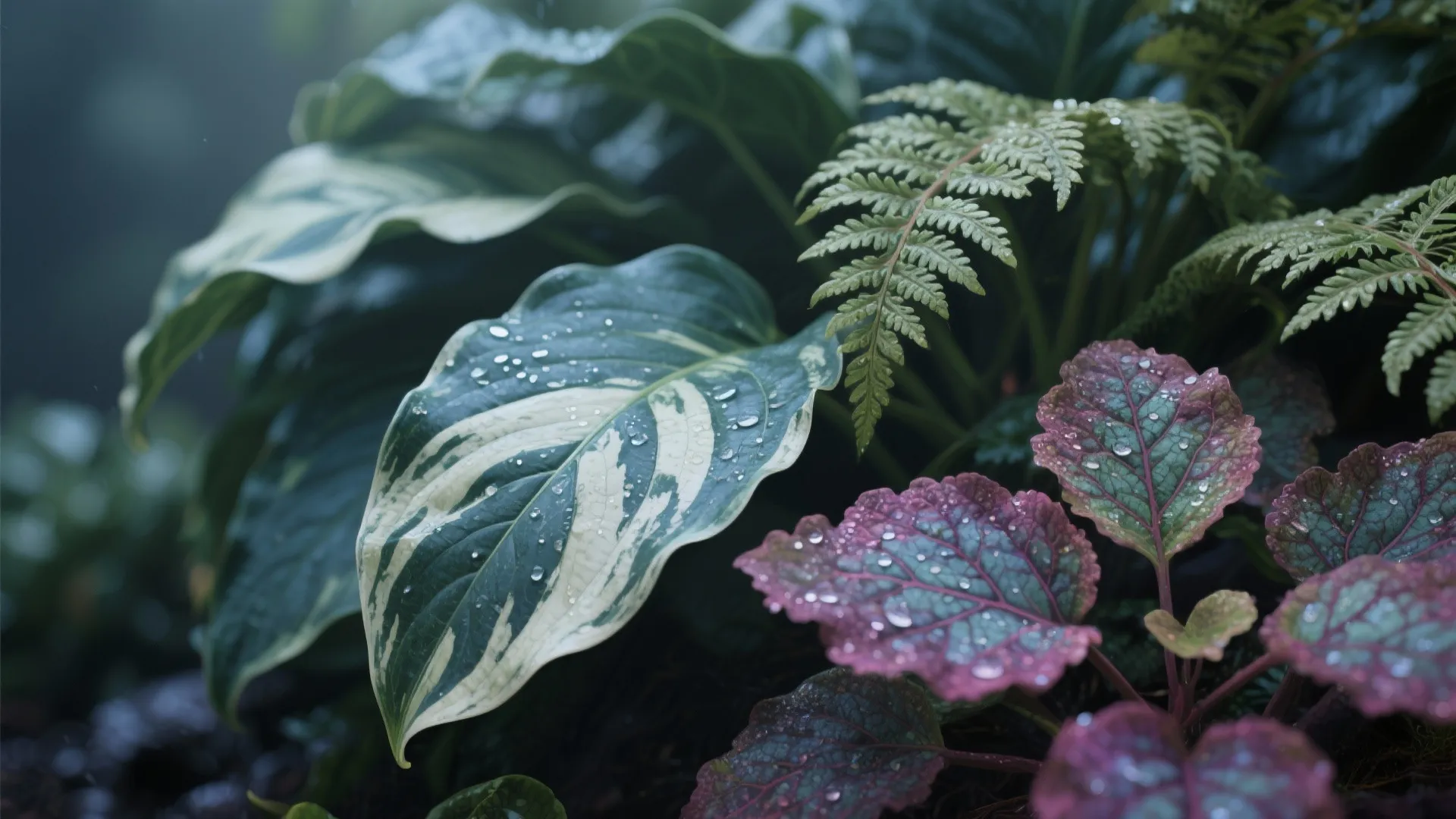 Macro of hosta, fern, and heuchera leaves with dew in soft shade.