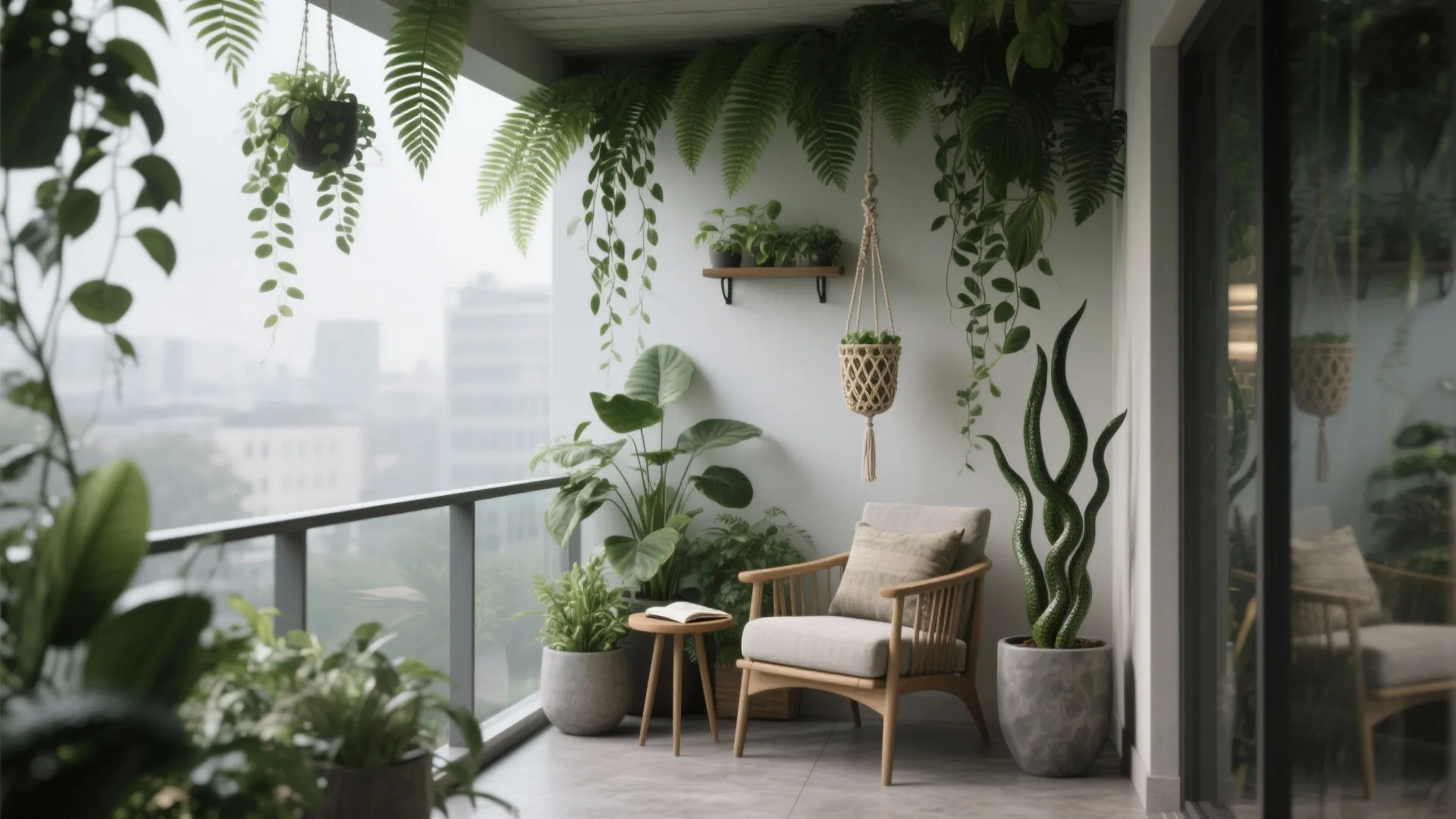Shaded balcony reading nook with hanging ferns, trailing pothos, and tall snake plants in matte planters.