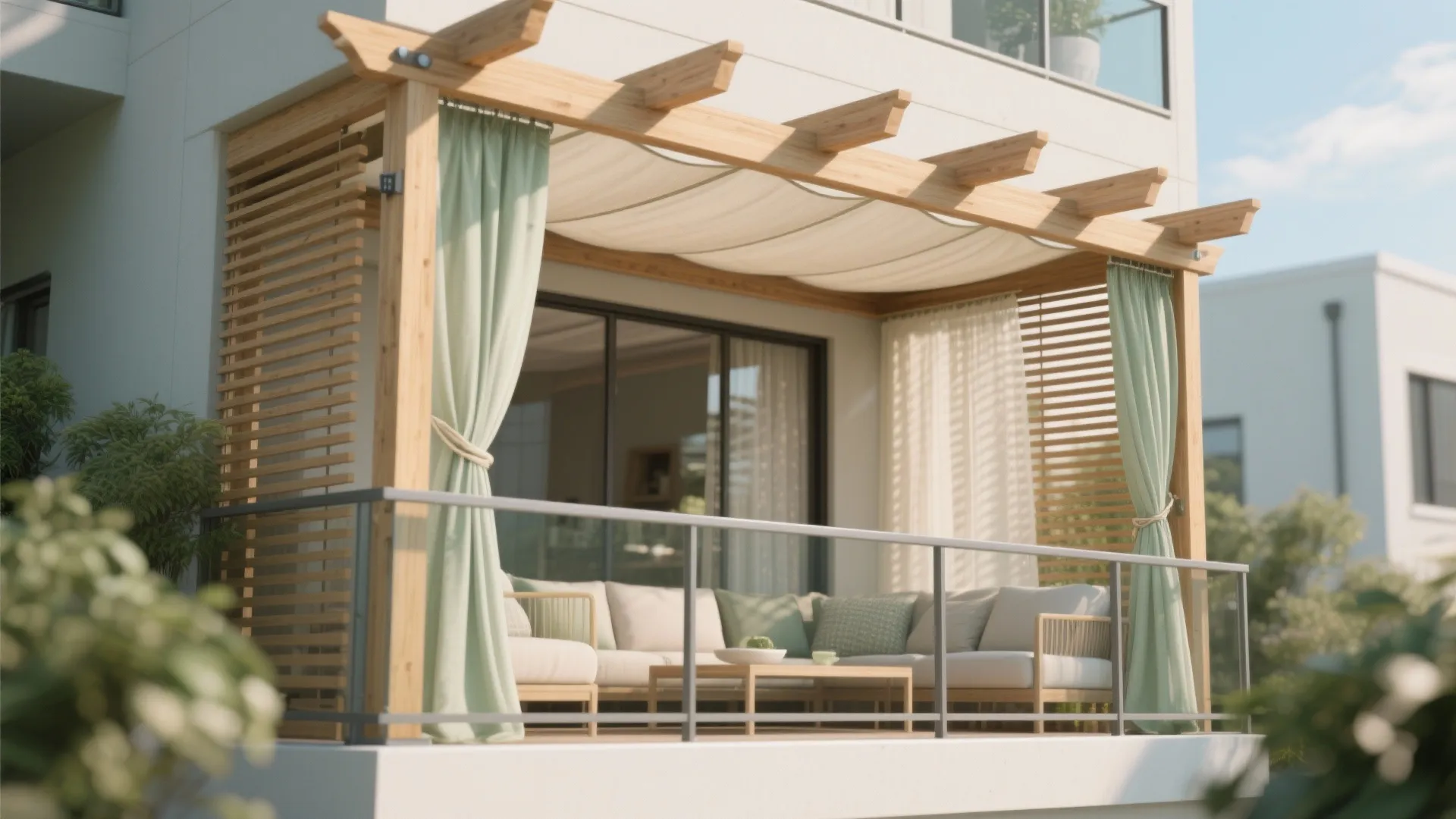 Light-shade layering: screens, curtains, and a micro-pergola