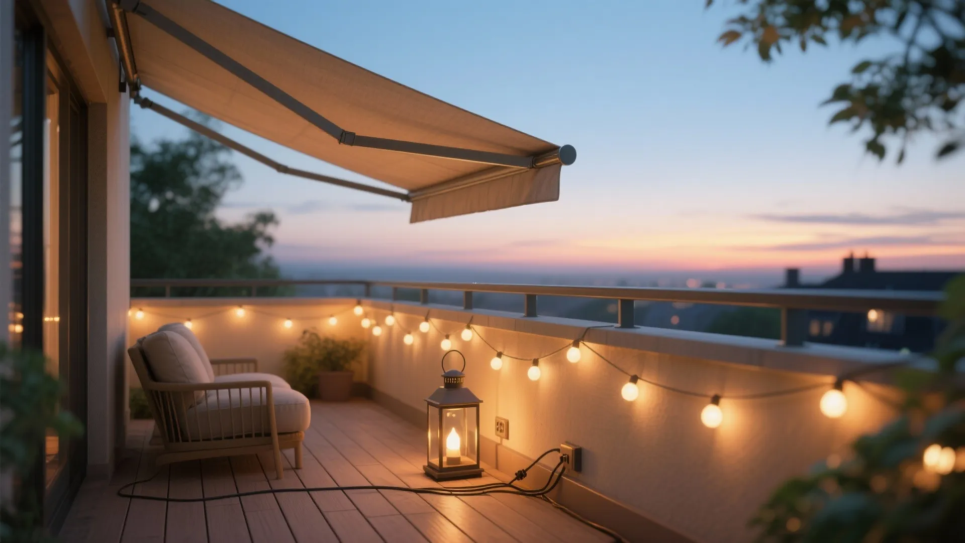 Cozy balcony at sunset with a comfortable chair string lights a lantern and a large awning