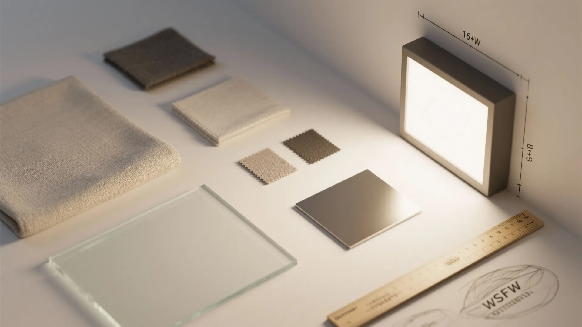 Interior design materials including fabric swatches glass tile wooden ruler and a square light fixture