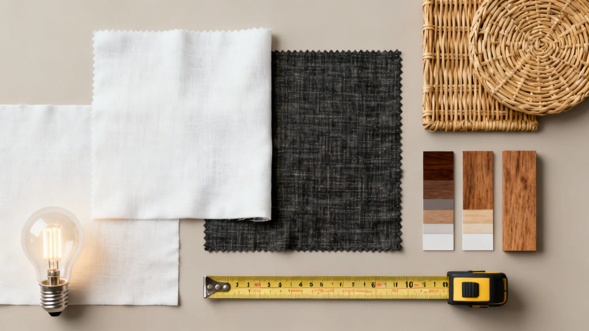 Interior design material board with fabric swatches wood samples tape measure and glowing light bulb